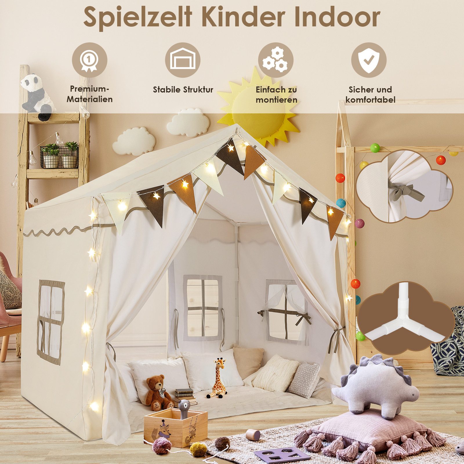 TLGREEN Spielzelt Kinderzelt für Drinnen,Kinder Spielhaus mit Matte & Lichtern Zelt Kinderzimmer, 136x95x133 cm