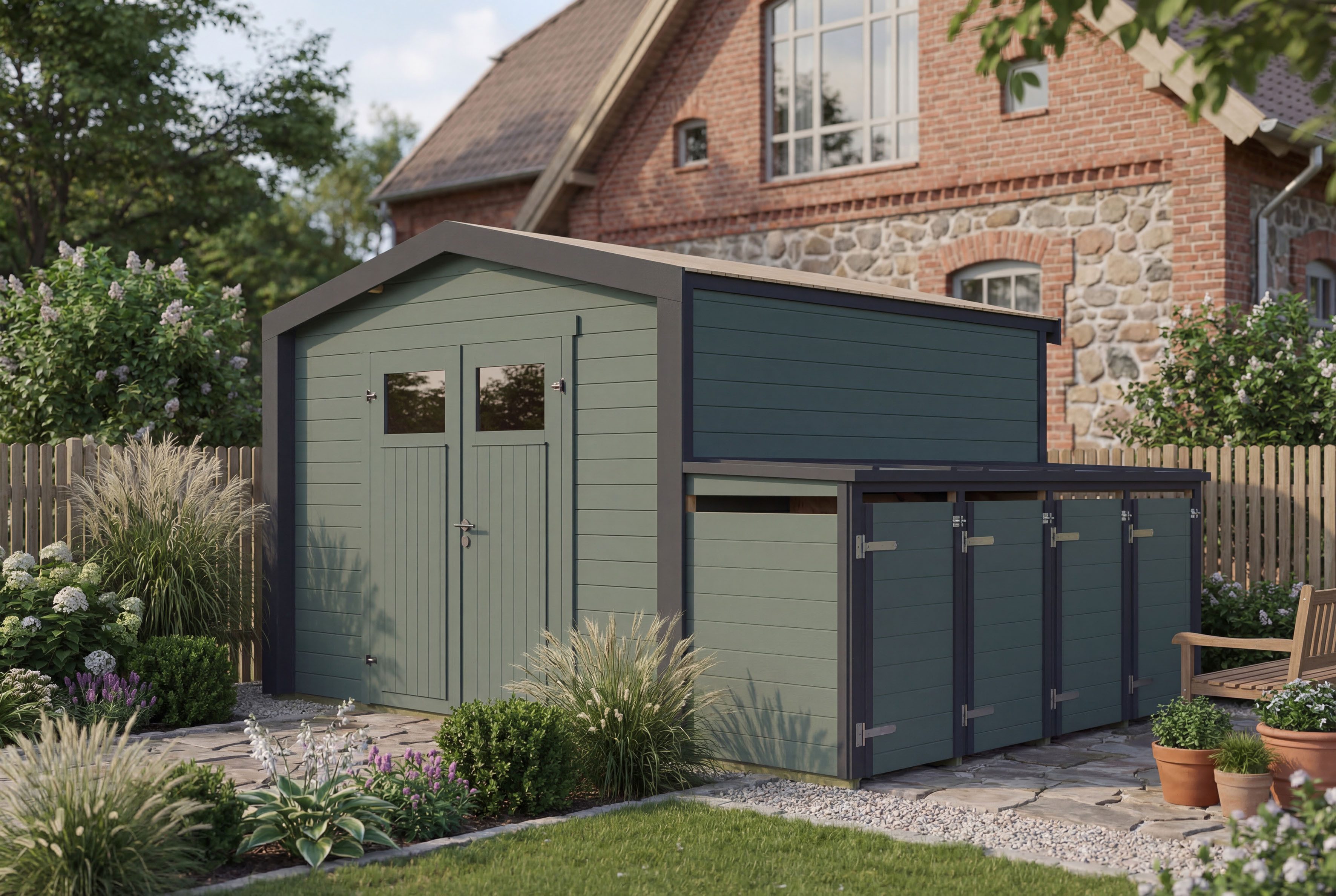 weka Gartenhaus Killarney, BxT: 401x311 cm, Doppeltür, 1/4 verglast, inkl. 4er Mülltonnenbox