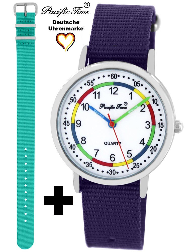 Pacific Time Quarzuhr und First Match Mix violett und türkis Wechselarmband, Versand Set Kinder - Gratis Lernuhr Armbanduhr Design