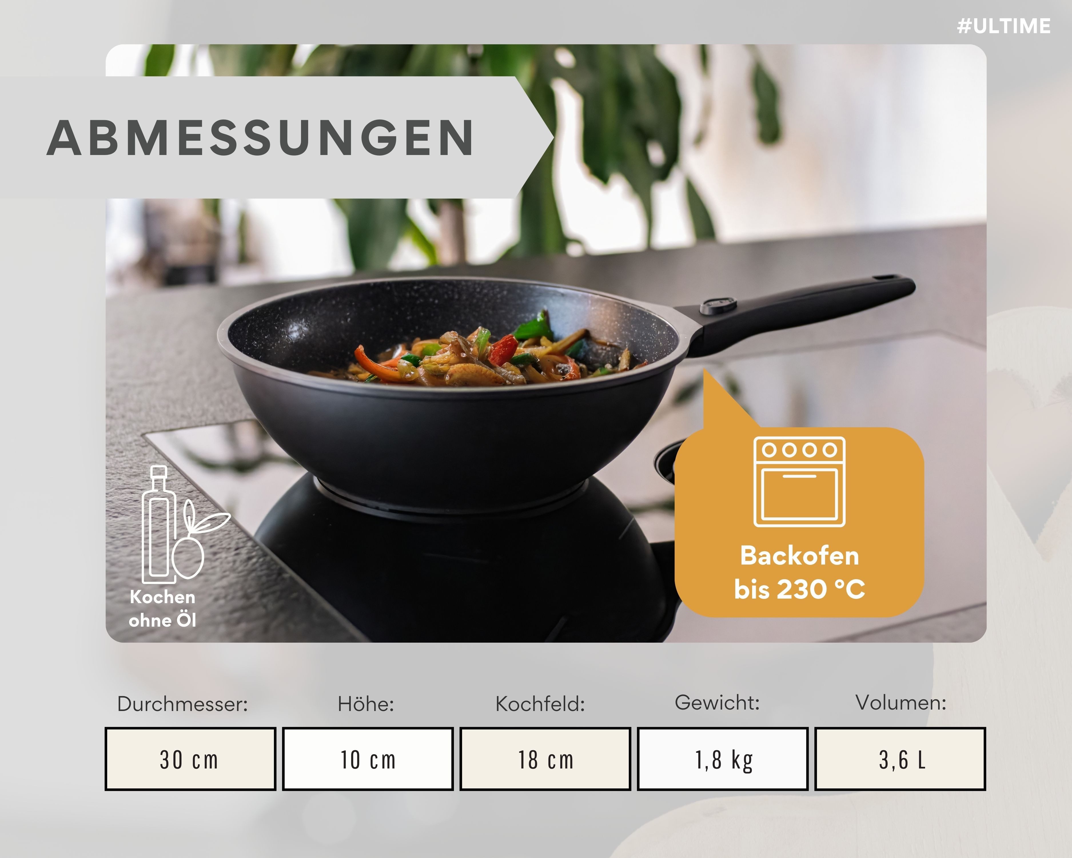 divory Wok Pfanne, abnehmbarer Griff, Antihaftbeschichtung, alle Herdarten, 30 cm, Aluminium, Induktion, abnehmbare Griffe