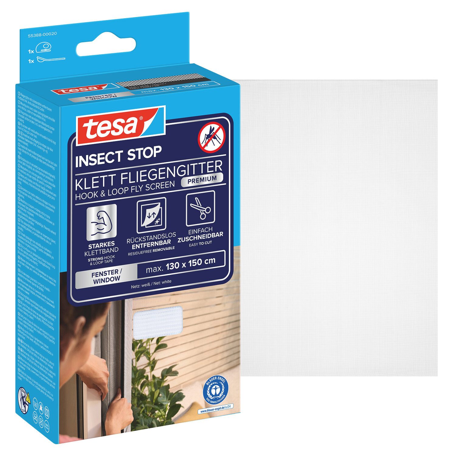 tesa Insektenschutz-Fensterrahmen Klett Fliegengitter Premium für Fenster, Insektenschutz, ohne bohren, (Komplett-Set, 3-St), Mückenschutz mit starkem Klettband, rückstandsfrei entfernbar