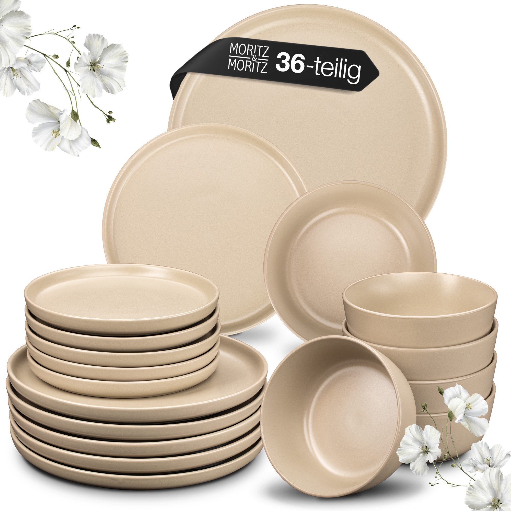 Moritz & Moritz Kombiservice NORDIC 36tlg Geschirrset Taupe (36-tlg), 12 Personen, Steinzeug, Spülmaschinengeeignet