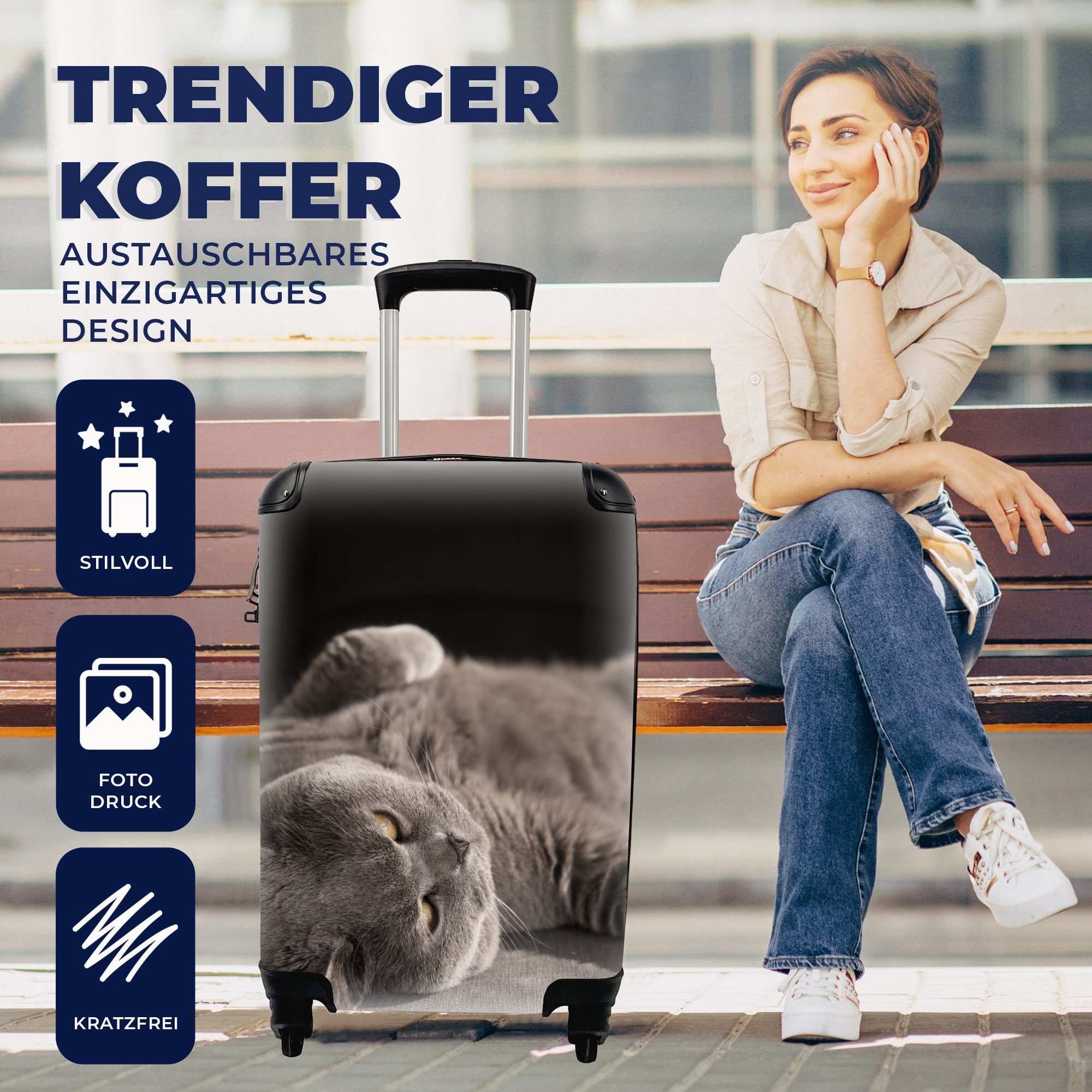 MuchoWow Handgepäckkoffer Tier - Katze Rollen, - 4 Reisekoffer Ferien, mit Reisetasche Grau, rollen, Trolley, Handgepäck für