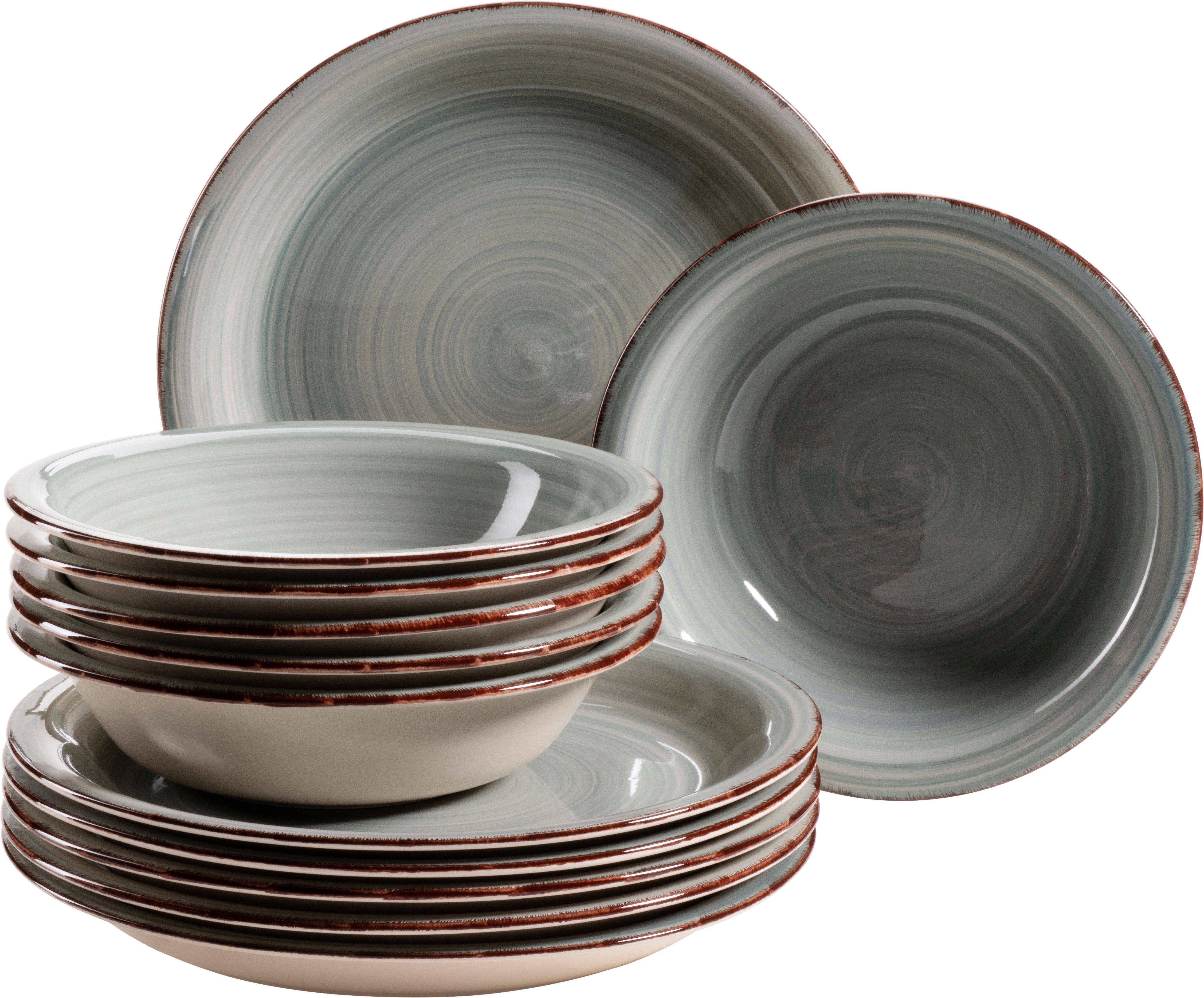 OTTO home Tafelservice Teller Set, Geschirr-Set Bell Tempo (12-tlg), 6 Personen, Keramik, rustikale Holzoptik mit Spiraldekor, 12 Teile, für 6 Personen