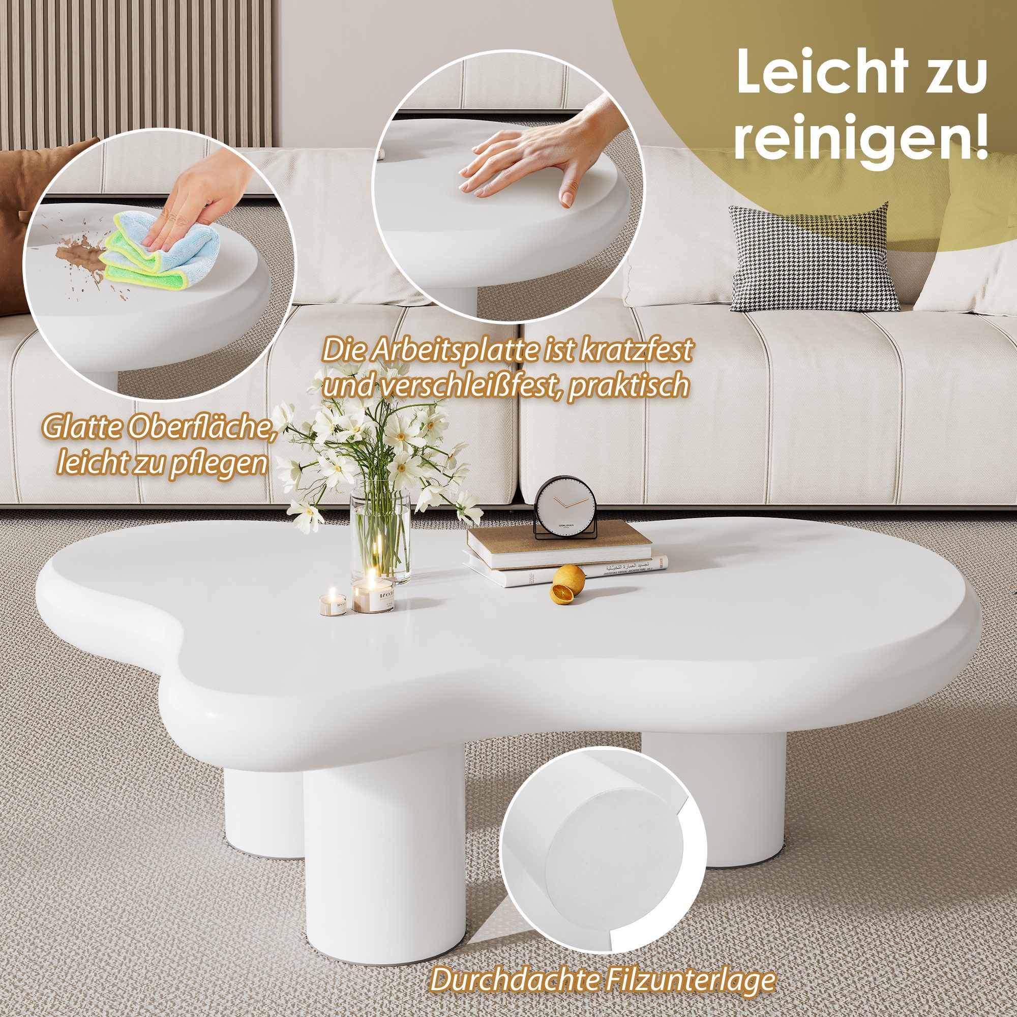 BlingBin Couchtisch Unregelmäßiger Couchtisch in Wolkenform (1er Set, 1-St., 97cm Länge, 67cm Breite, 32cm Höhe), MDF mit Filzunterlagen, lackierte Oberfläche,Kreativer Couchtisch