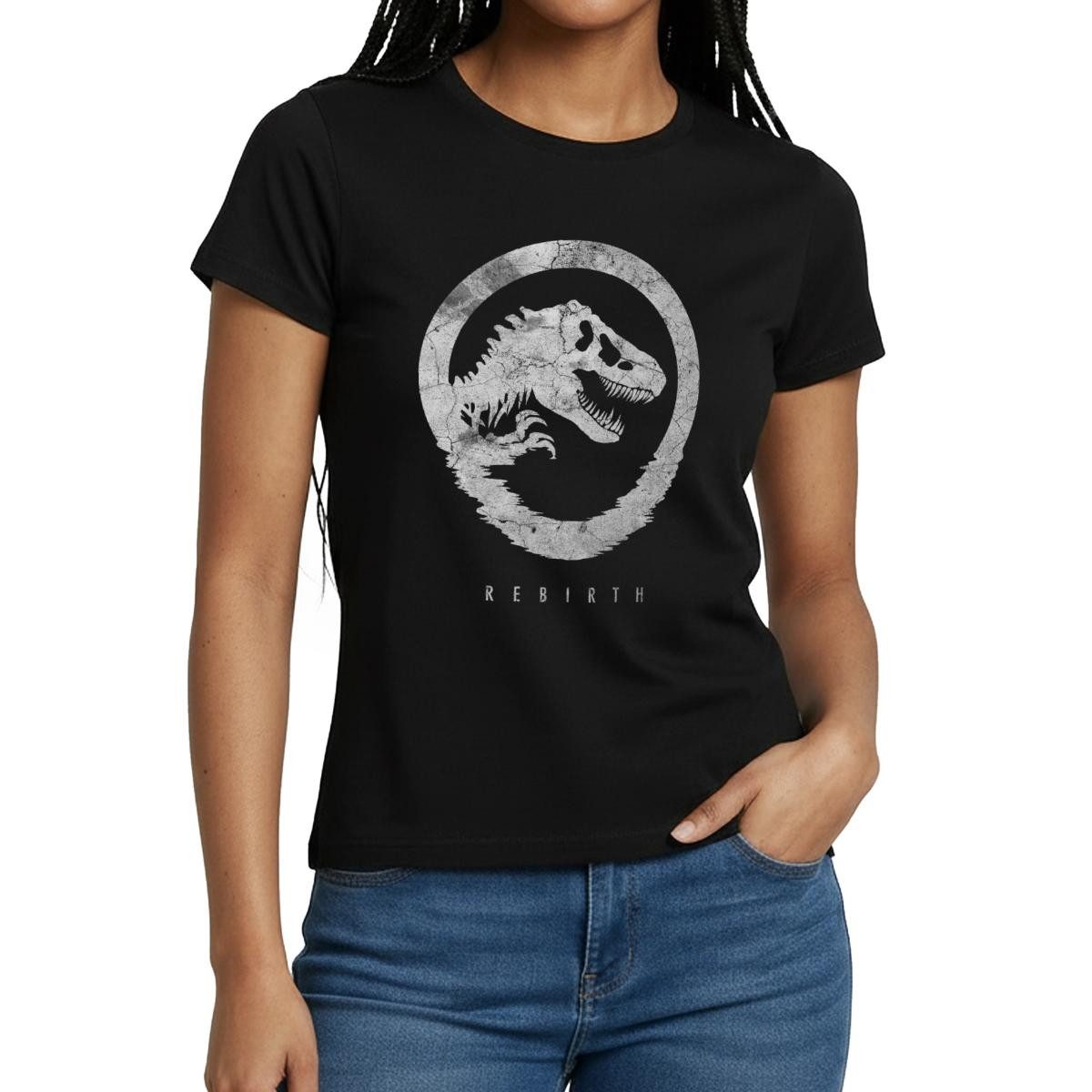 Spreadshirt T-Shirt Jurassic World Rebirth Logo Mit T-Rex Im Steinlook Frauen T-Shirt (1-tlg)