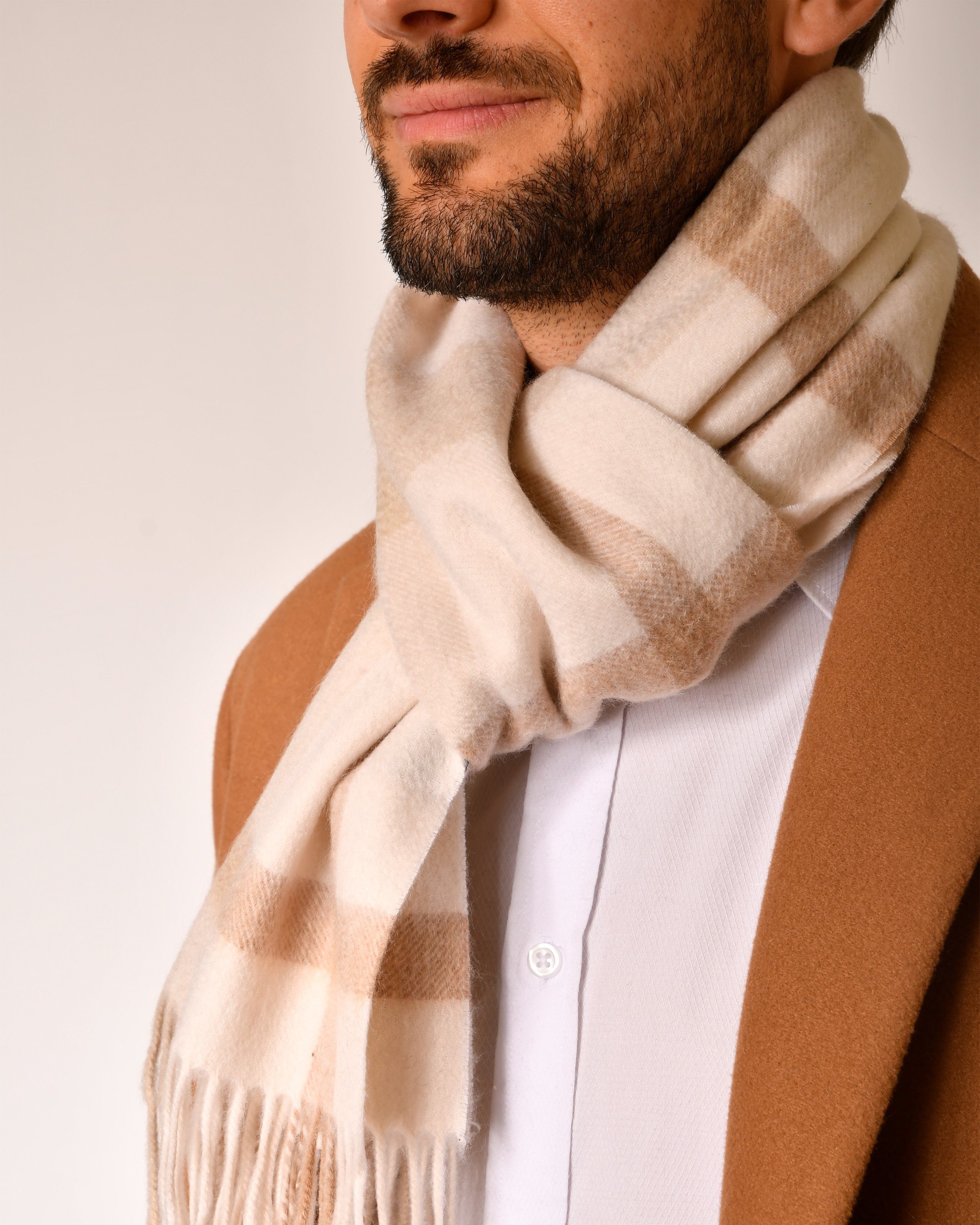 MayTree Kaschmirschal Unisex, 180 x 30cm, mit Fransen, kariert Hellbraun Weiss, (Stück, 1-St), 100% Kaschmir