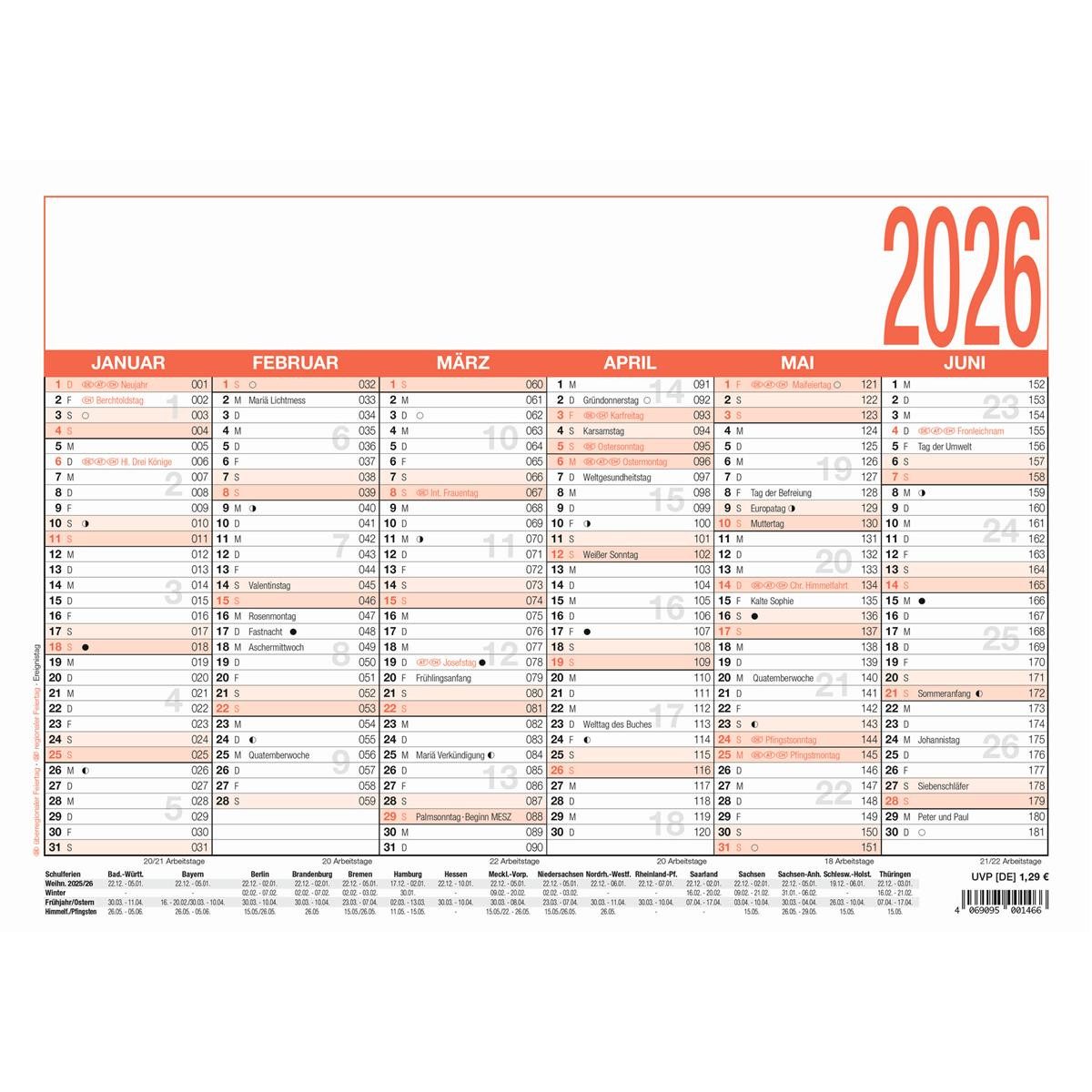 ZETTLER Schreibtischkalender ZETTLER 907-0000 Tafelkalender 6M/1S