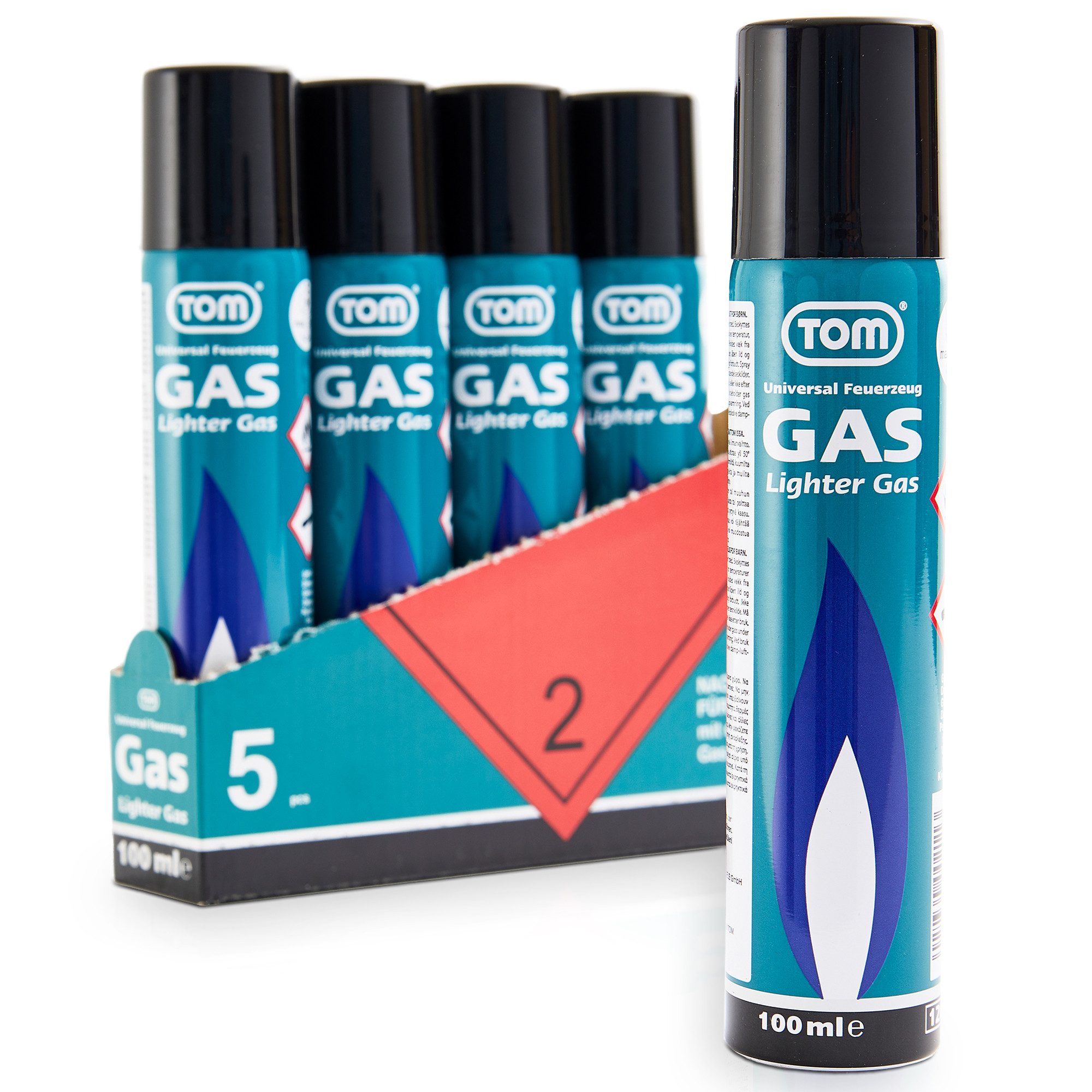TOM Gas 100ml Feuerzeuggas 5er Set inklusive Adapter, Butangas, Nachfüllgas
