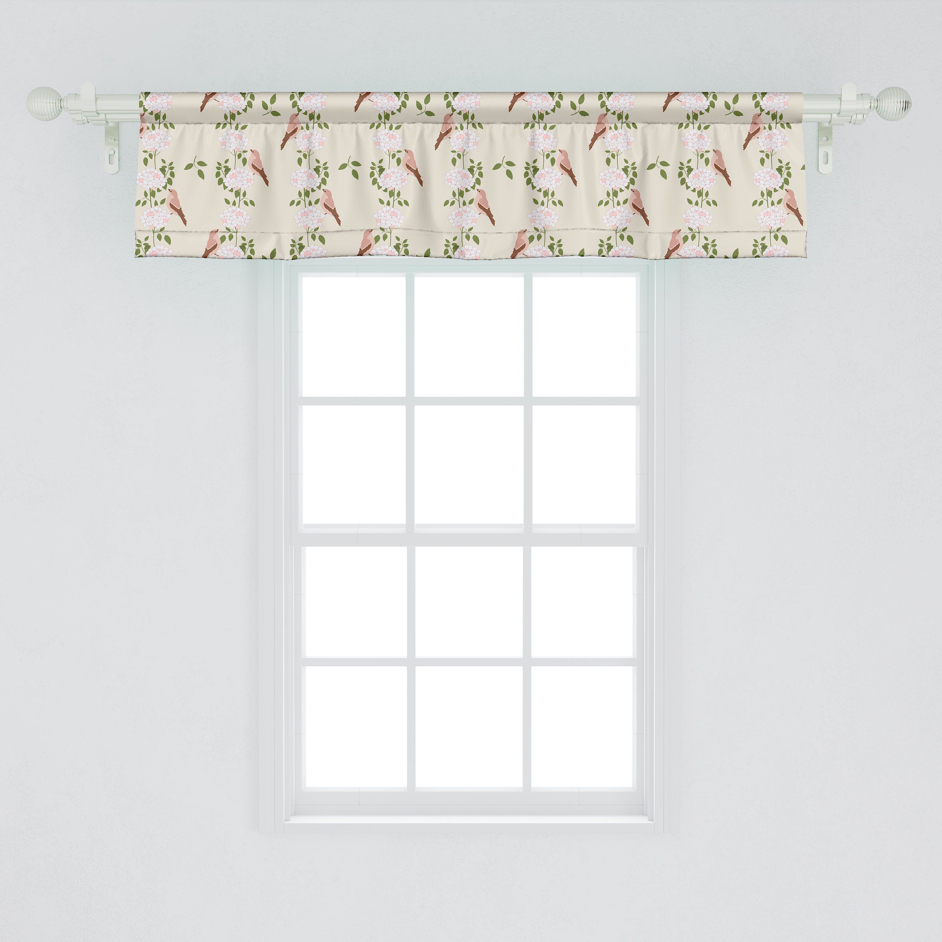 Scheibengardine Vorhang Volant für Küche Microfaser, Vogel-Streifen Hortensia Dekor und Botanisch Schlafzimmer Stangentasche, mit Abakuhaus