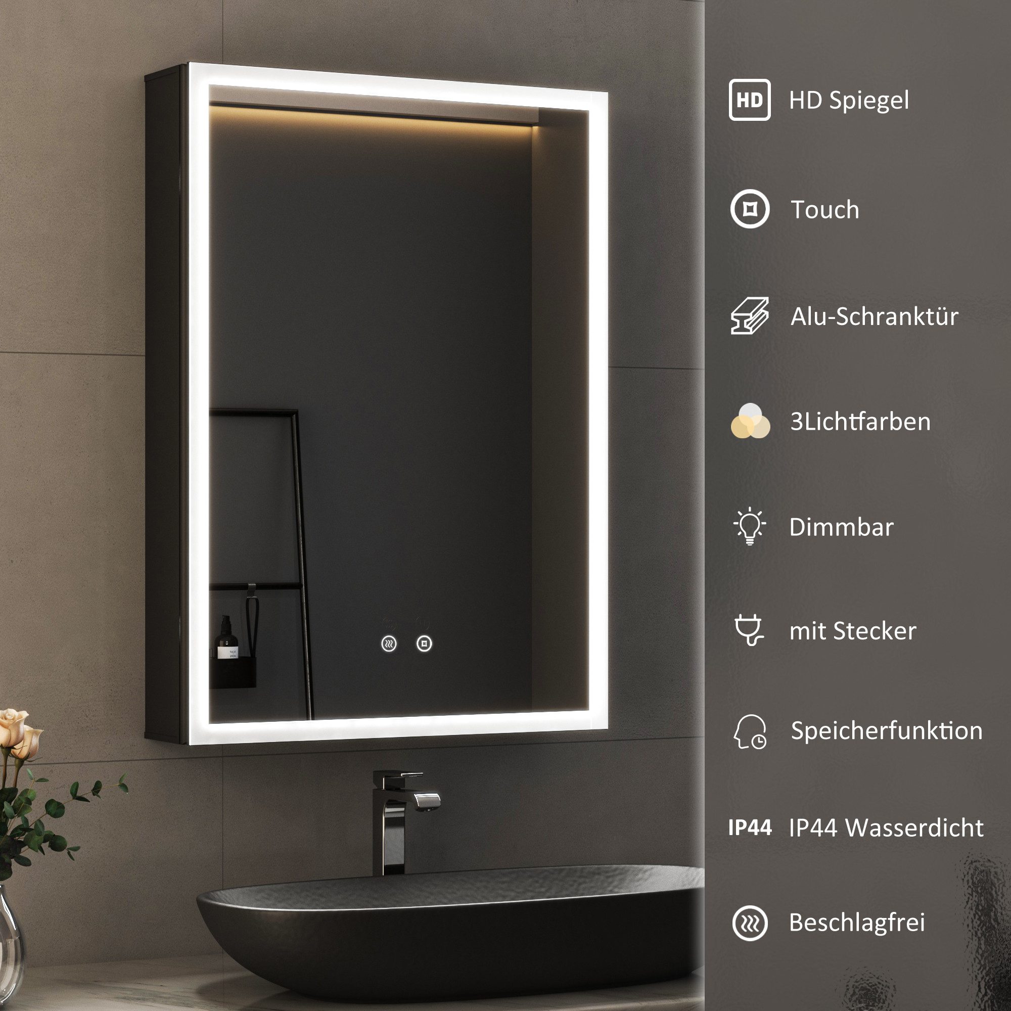 WDWRITTI Spiegelschrank LED Schwarz Alu-Schranktür Badezimmerspiegelschrank günstig online kaufen