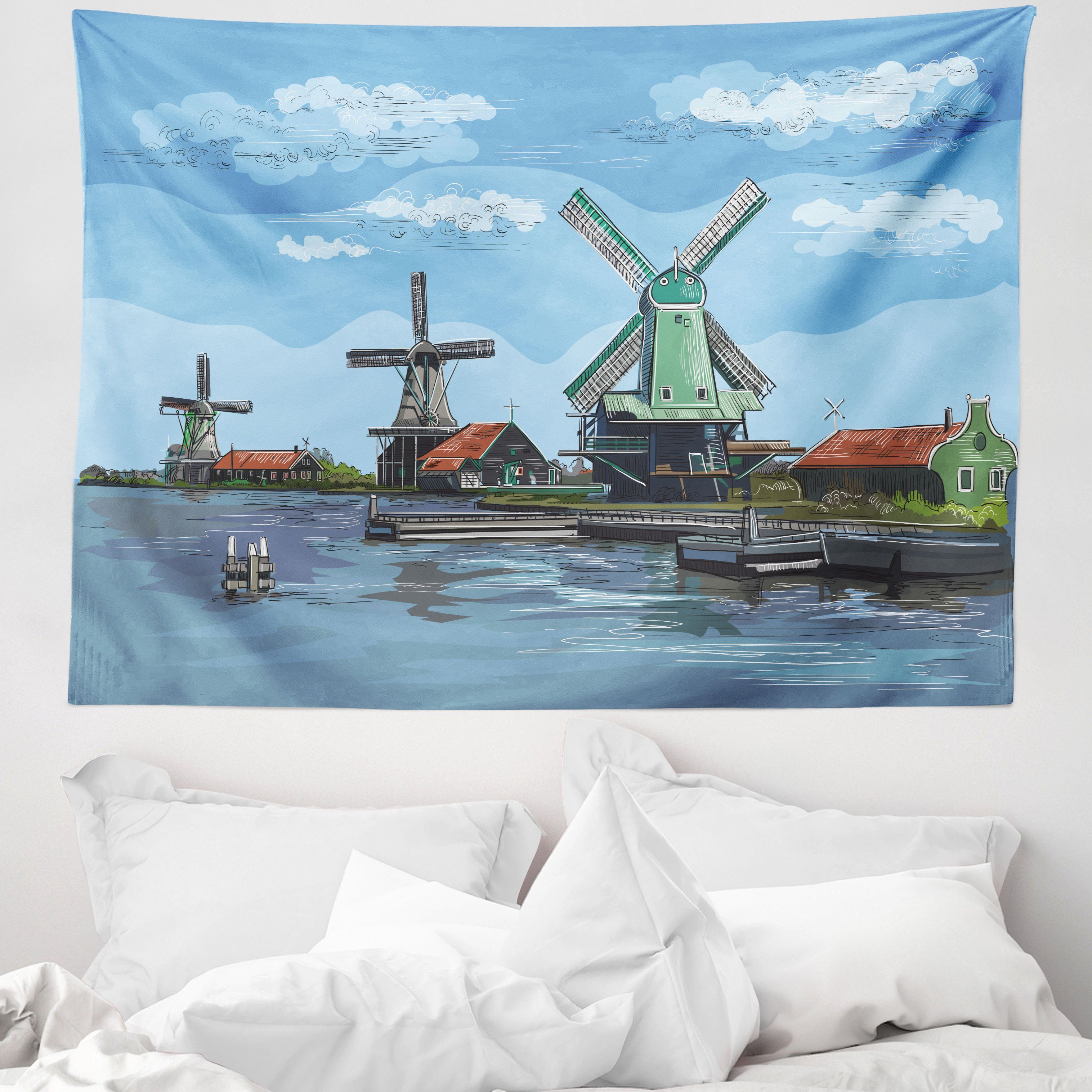 Wandteppich aus Weiches Mikrofaser Stoff Für das Wohn und Schlafzimmer, Abakuhaus, rechteckig, Amsterdam Cartoon-Stil Windmühle