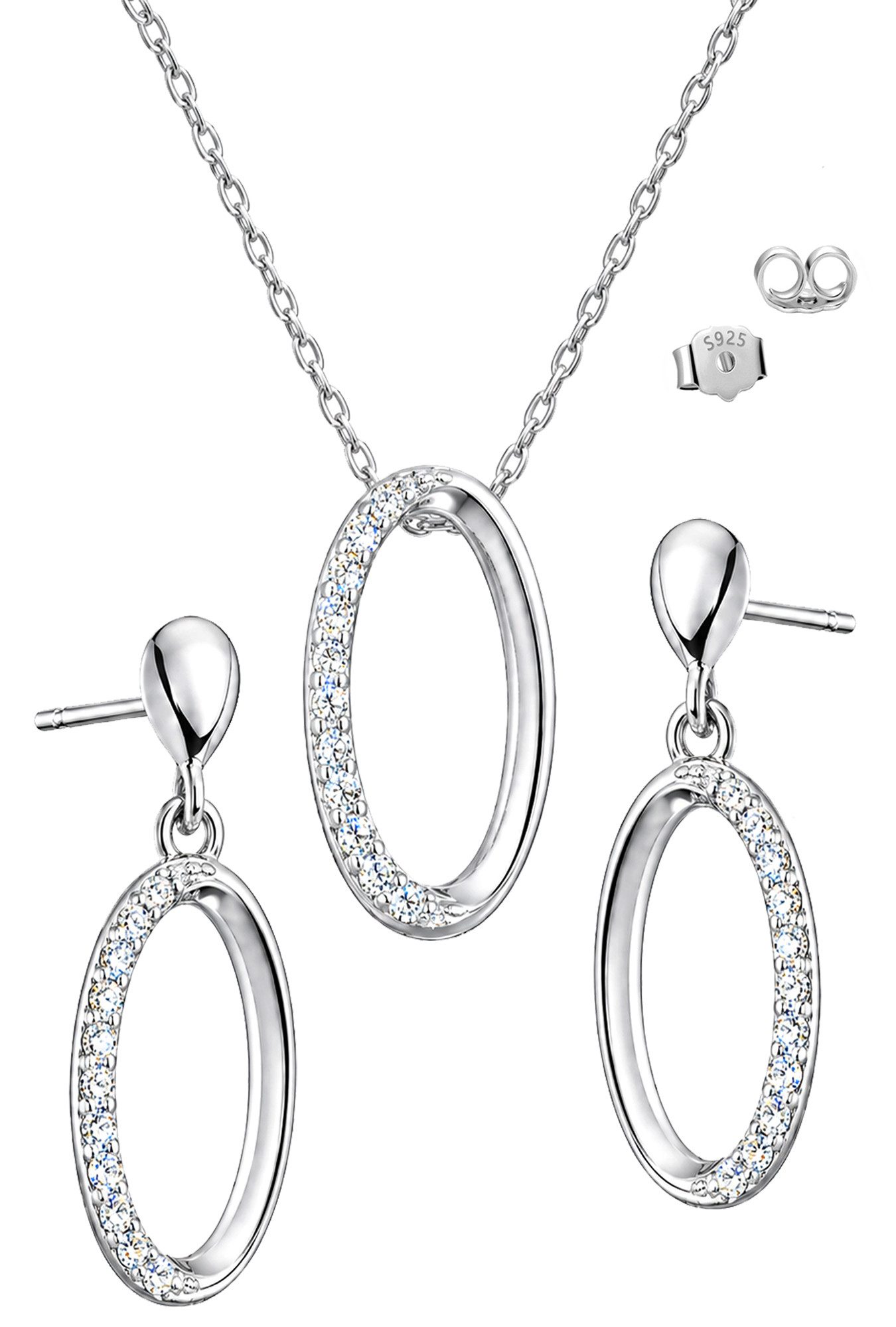 Ohrring und Ketten Set ovales Schmuckset für Damen 925 Silber Halskette Ohrhänger Geschenk