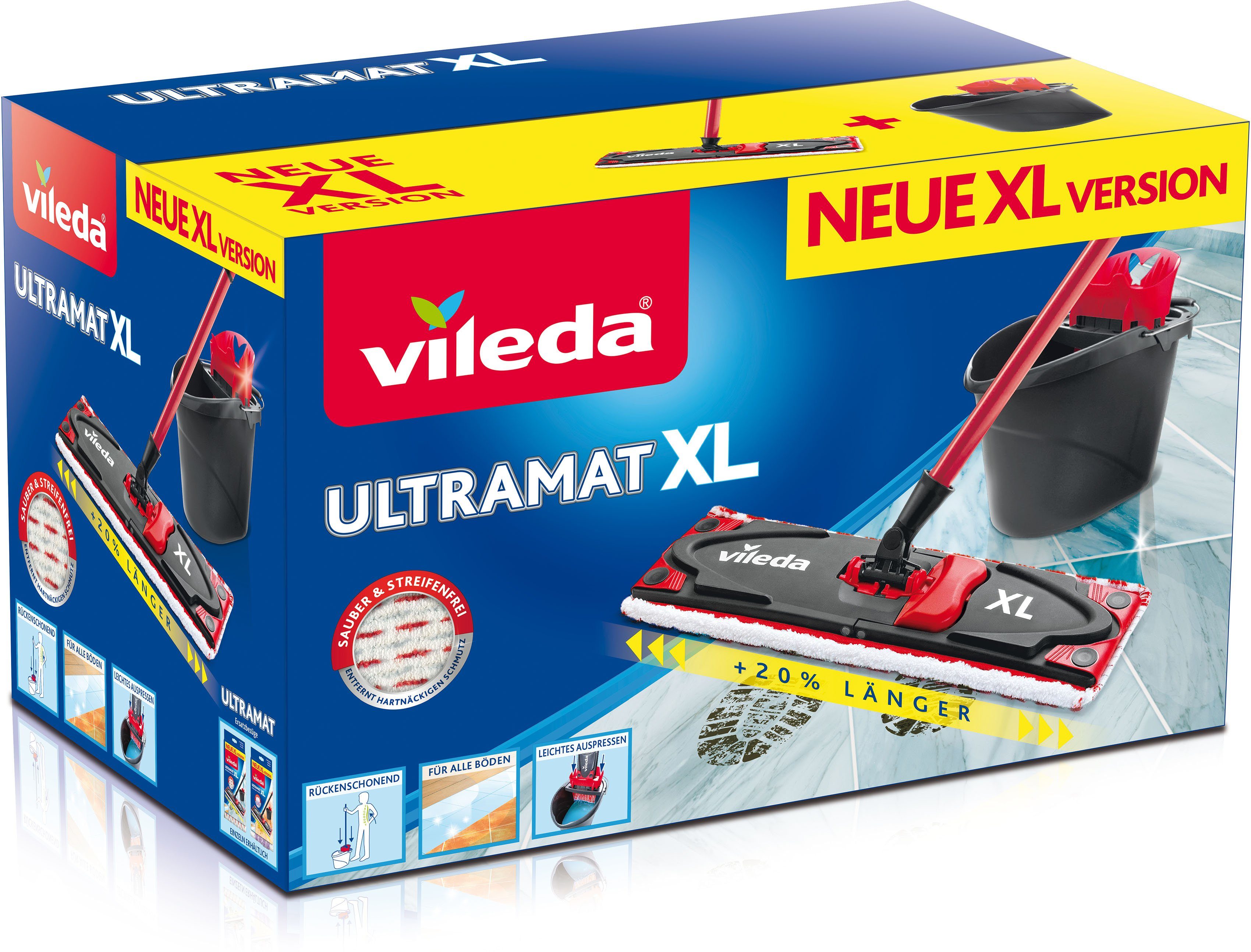 extragroßem Wischbezug, Bodenwischer-Set 3-St), XL Ultramax Eimer) XXL-Power-Zone, (Stiel, mit ULTRAMAX (Set, Vileda
