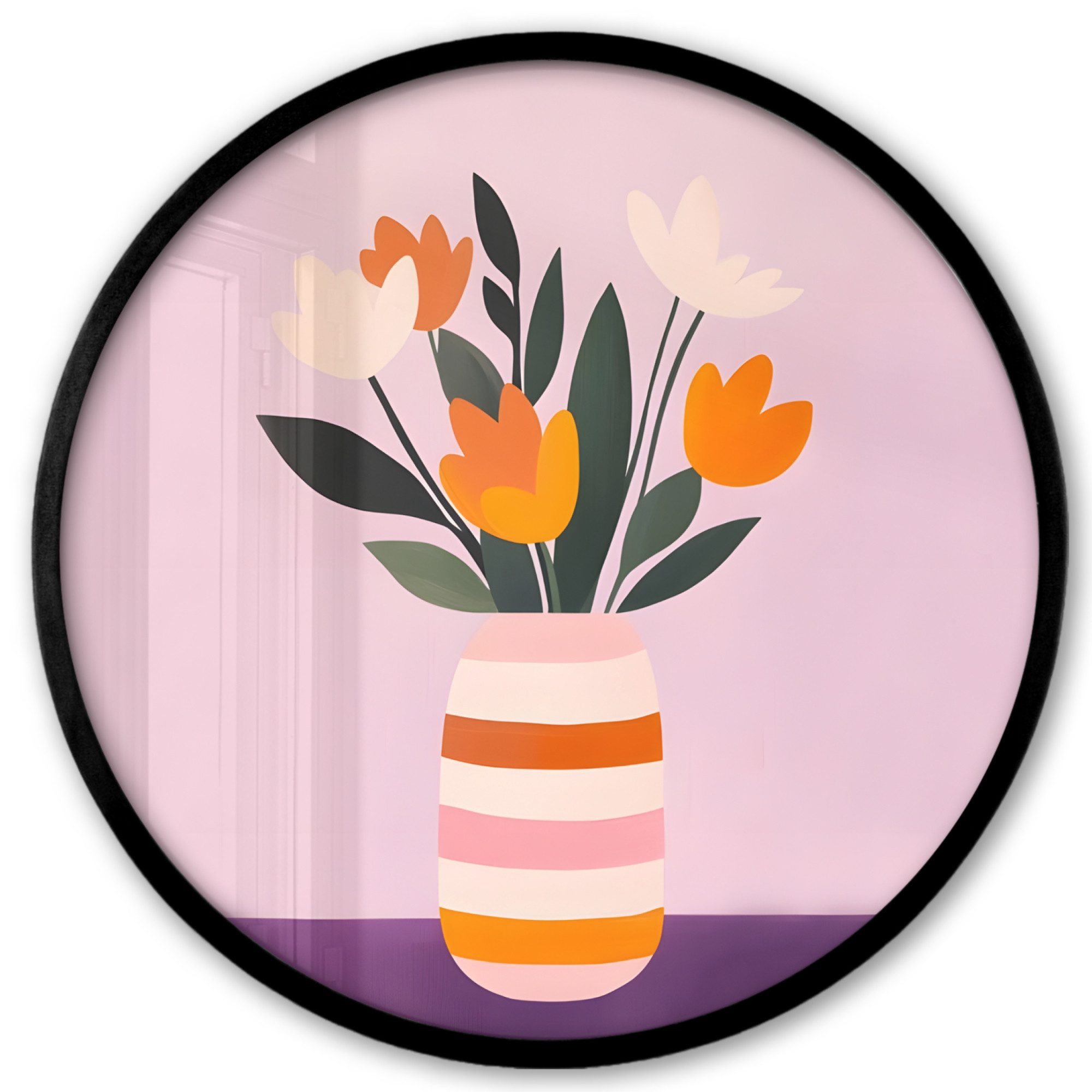 MuchoWow Poster Rund - Tulpen - Vase - Streifen - Lila, (1 St), Runde Wandbilder, Deko für Wohnzimmer und Schlafzimmer, 40x40 cm
