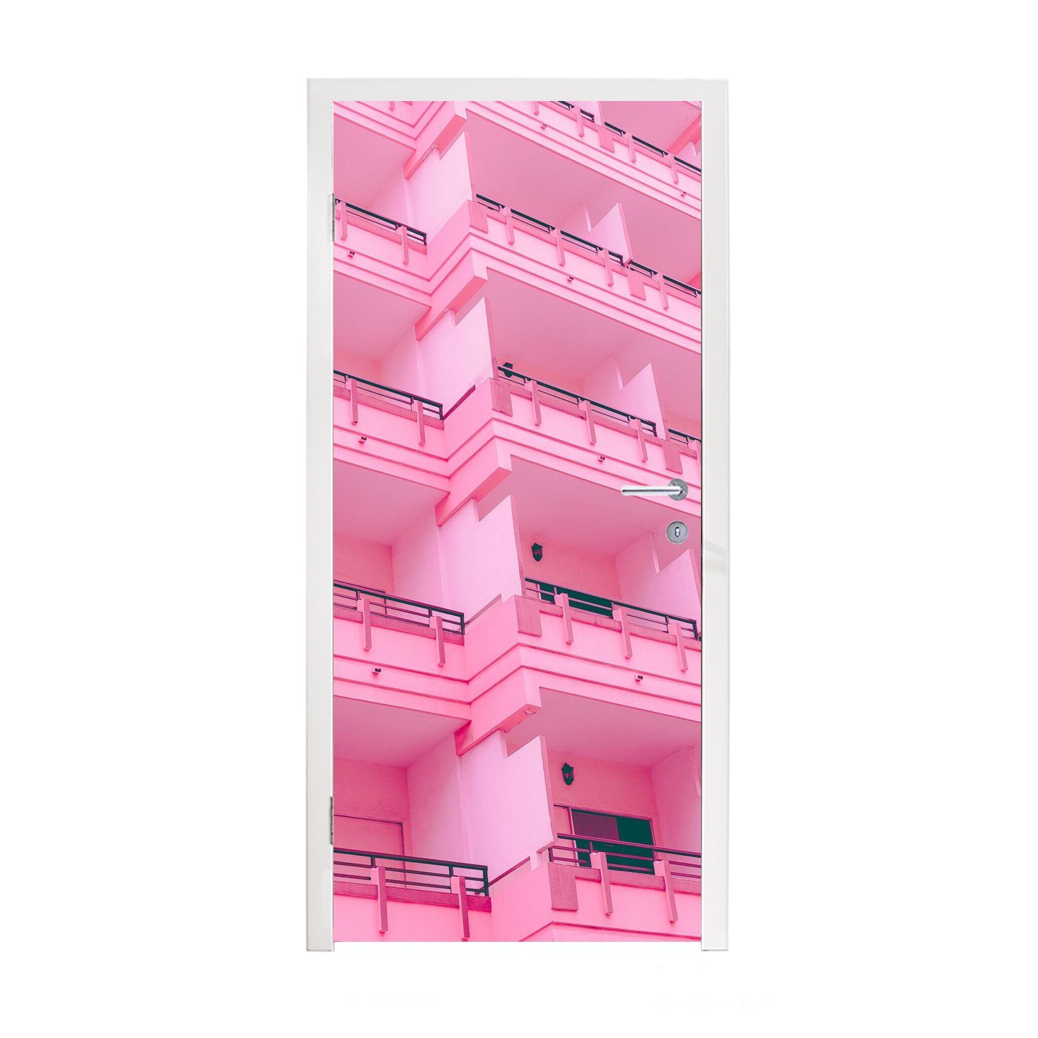 MuchoWow Türtapete Balkon - Sommer - Rosa - Architektur, Matt, bedruckt, (1 St), Fototapete für Tür, Türaufkleber, 75x205 cm