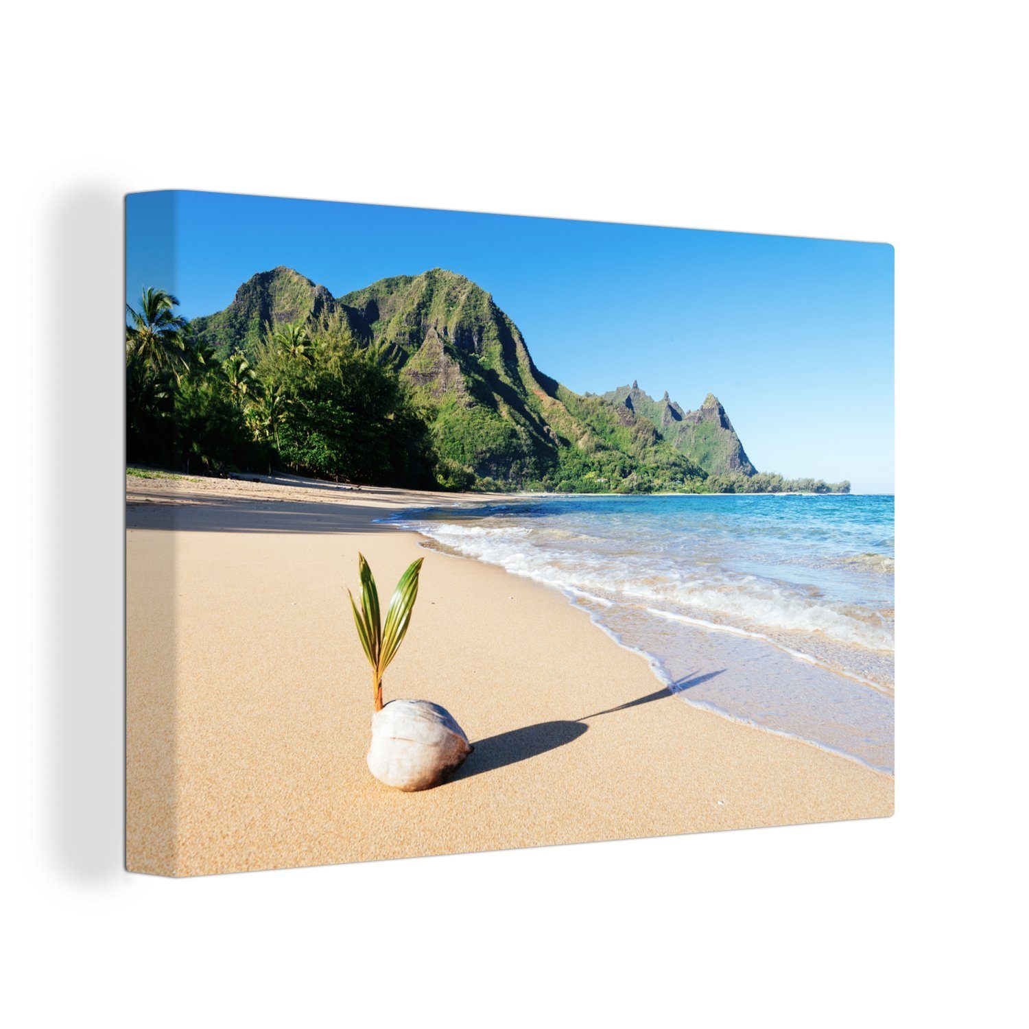 OneMillionCanvasses® Leinwandbild Kokosnuss mit dem Prinzip einer Palme an einem perlweißen Strand, (1 St), Wandbild Leinwandbilder, Aufhängefertig, Wanddeko, 30x20 cm