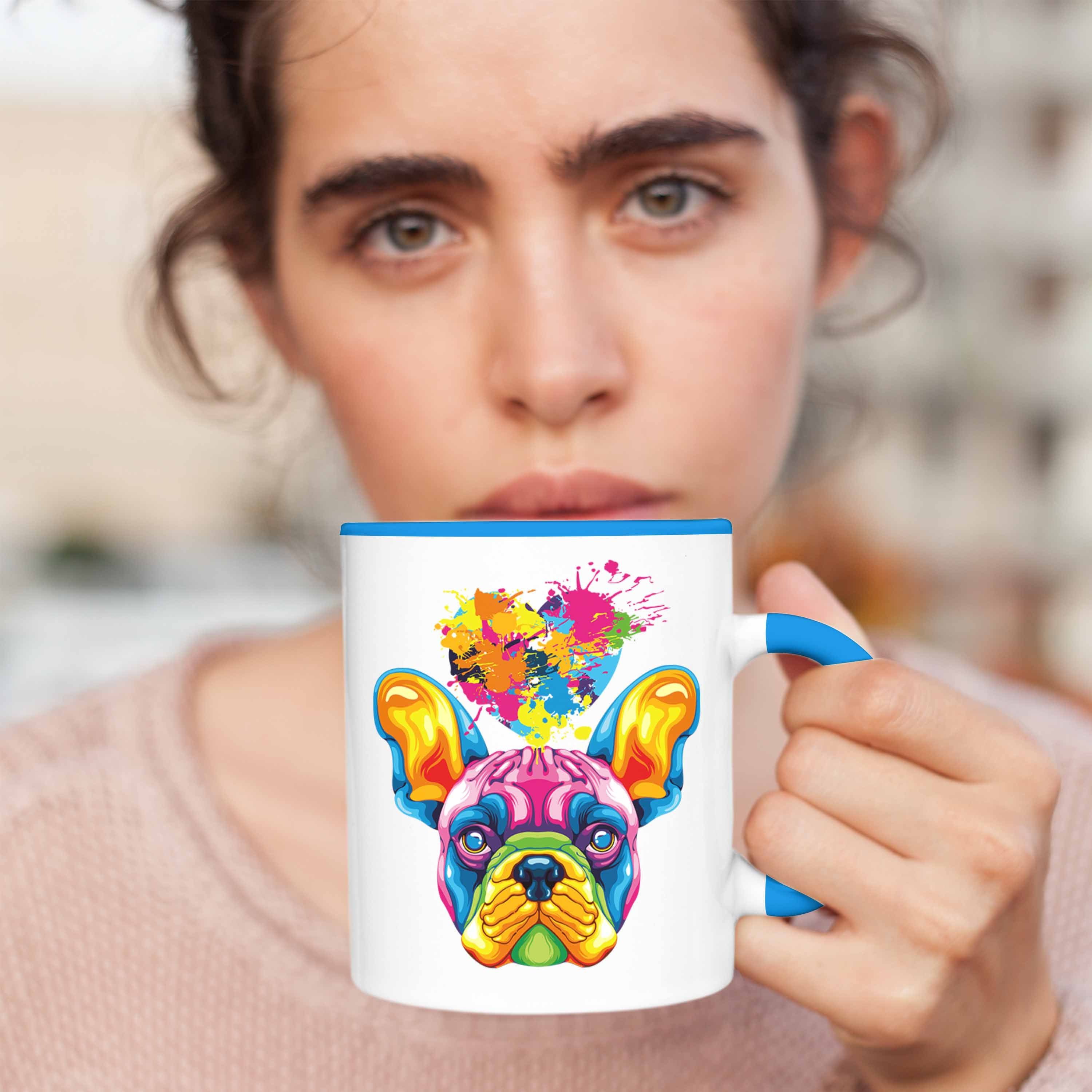 Tasse Bulldogge Farbe Trendation Geschenk Besitzer Französische Tasse Spr Blau Herz Lustiger