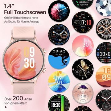 WalkerFit Smartwatch (1,4 Zoll, Android, iOS), mit Telefonfunktion,Armbanduhr Herzfrequenz/SpO2/Schlaf/Stress/Periode