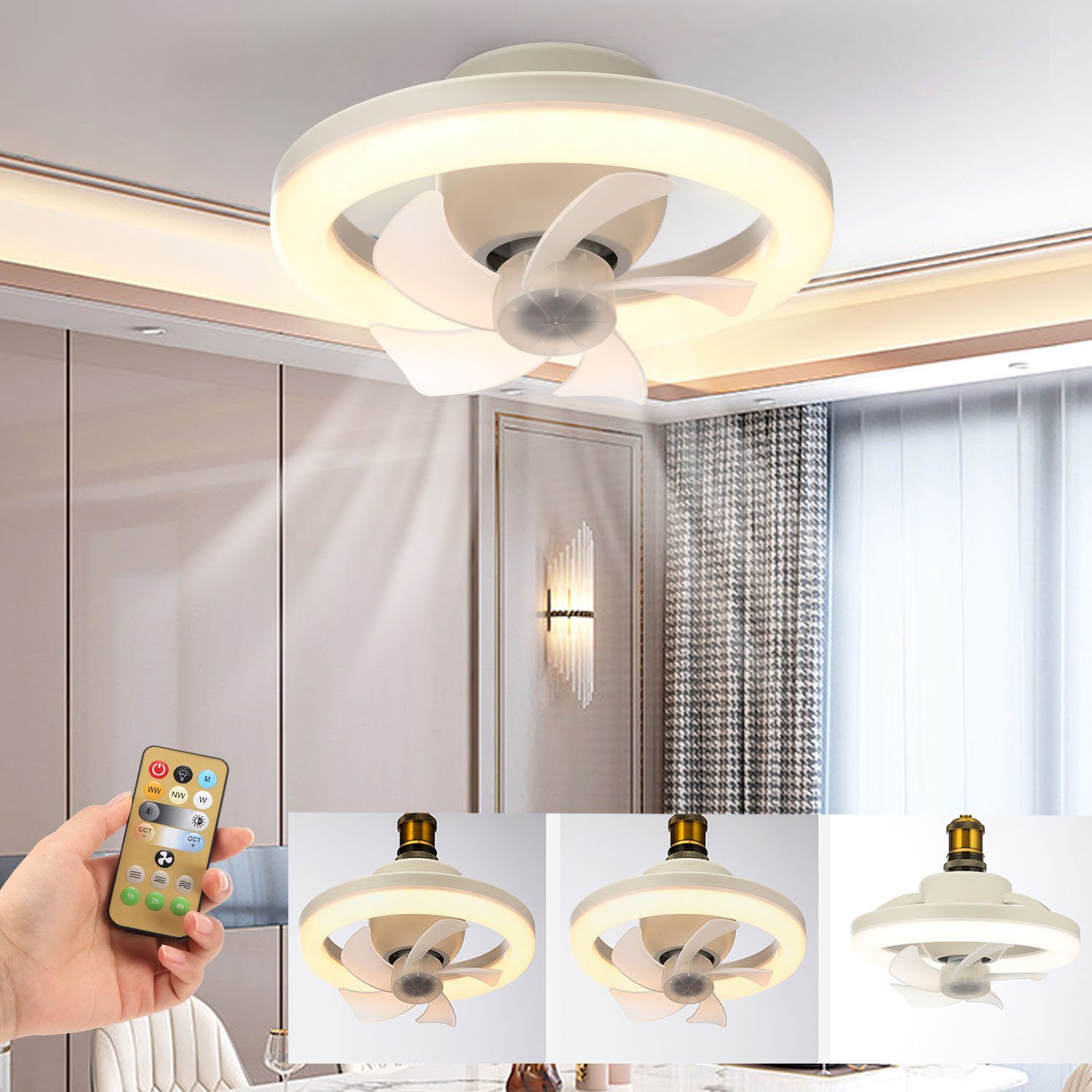 oyajia LETGOSPT Deckenventilator 35W LED Deckenlampe mit Fan,3 Geschwindigkeiten,E27 Oszillierender Fan, Dimmbar mit Fernbedienung, Deckenventilatoren Schlafzimmer Wohnzimmer
