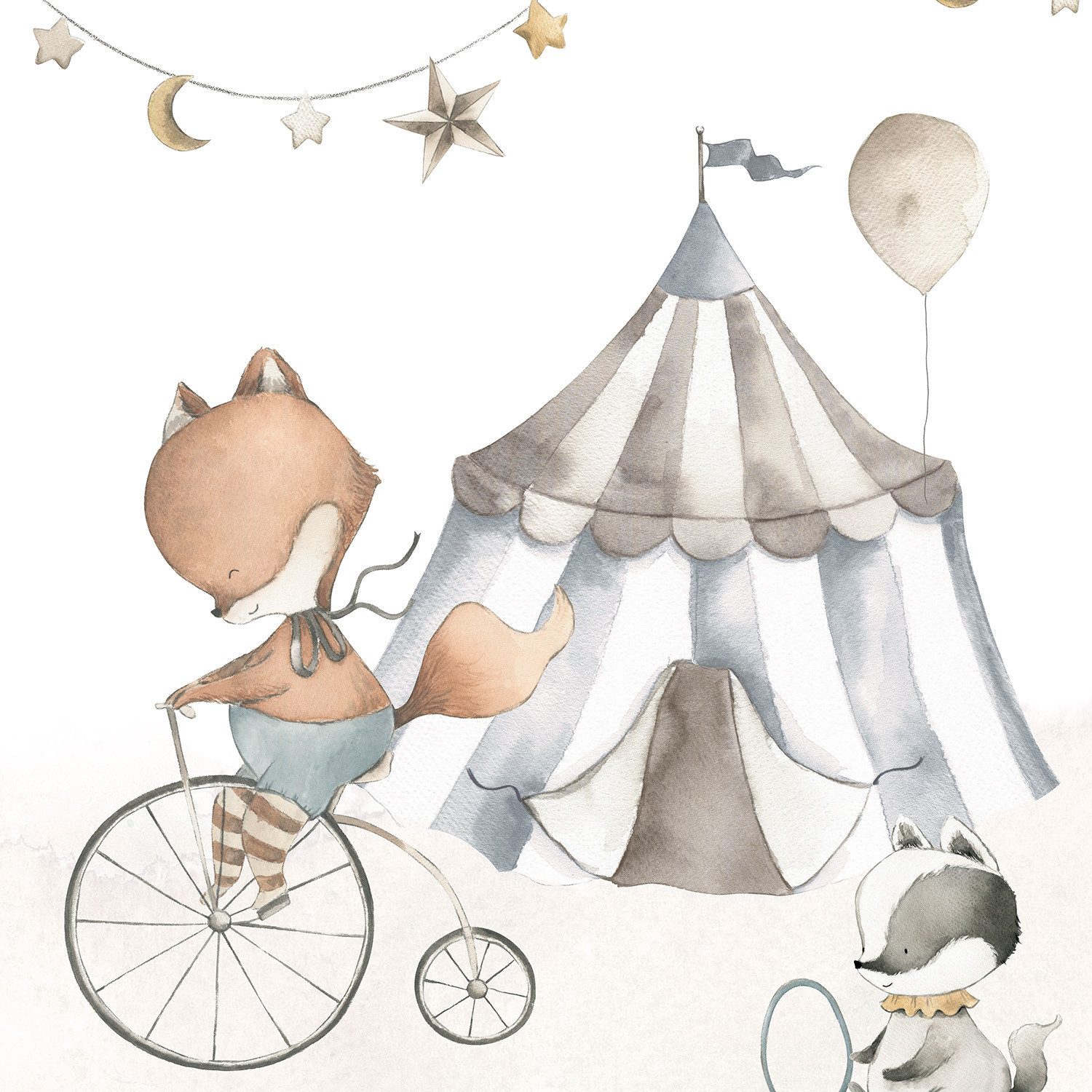 Rasch Fototapete Kinderzimmer mit bunter Zirkuswelt mit Tieren in Blau, Beige und Grau, strukturiert, gemustert, (1 Rolle, 1 St), Zirkus