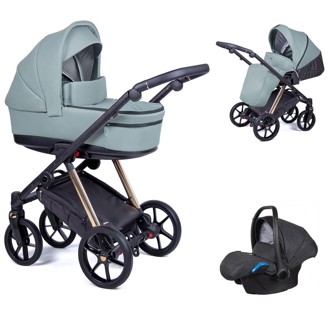 babies-on-wheels Kombi-Kinderwagen 3 in 1 Kinderwagen-Set Axxis - 15 Teile - in 24 Designs Opalgrün = gestell gold