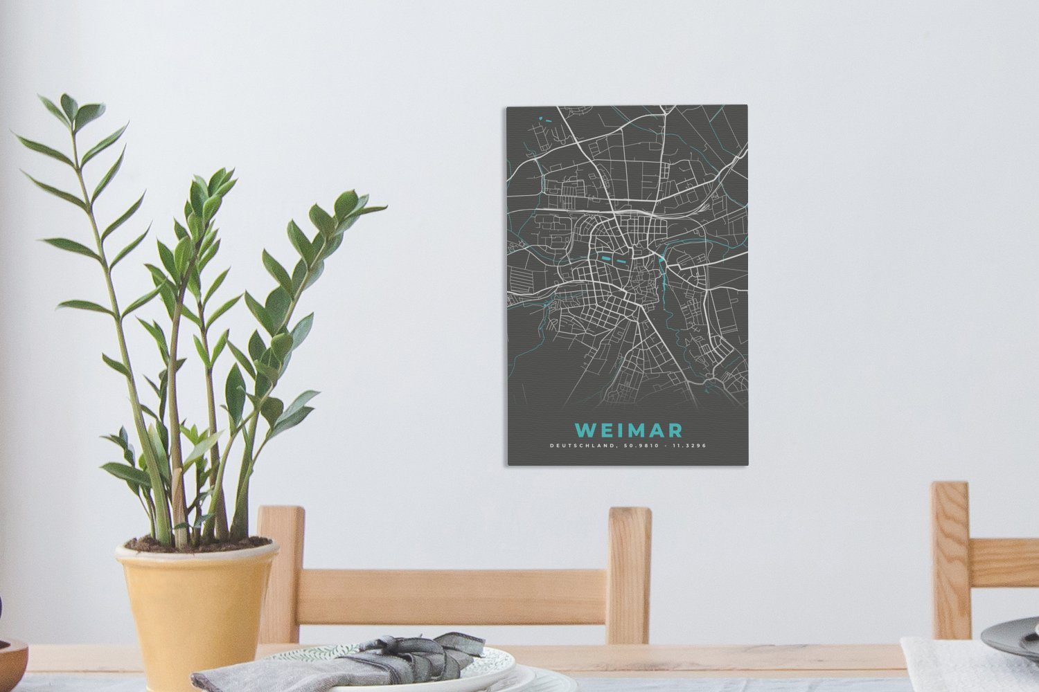 (1 Zackenaufhänger, Weimar Stadtplan Karte, 20x30 Blau Leinwandbild fertig Leinwandbild inkl. - - bespannt St), OneMillionCanvasses® Deutschland - - Gemälde, cm