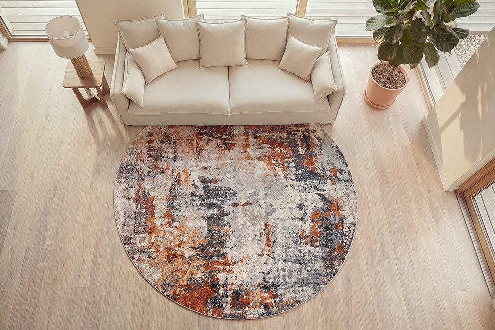 riess-ambiente Designteppich MODERN ART 150cm beige/grau/kupfer - Polyester, Kurzflor, Indoor, rund, rund, Höhe: 0.7 mm, Matte mit kunstvollem Muster - ideal für minimalistische Einrichtung