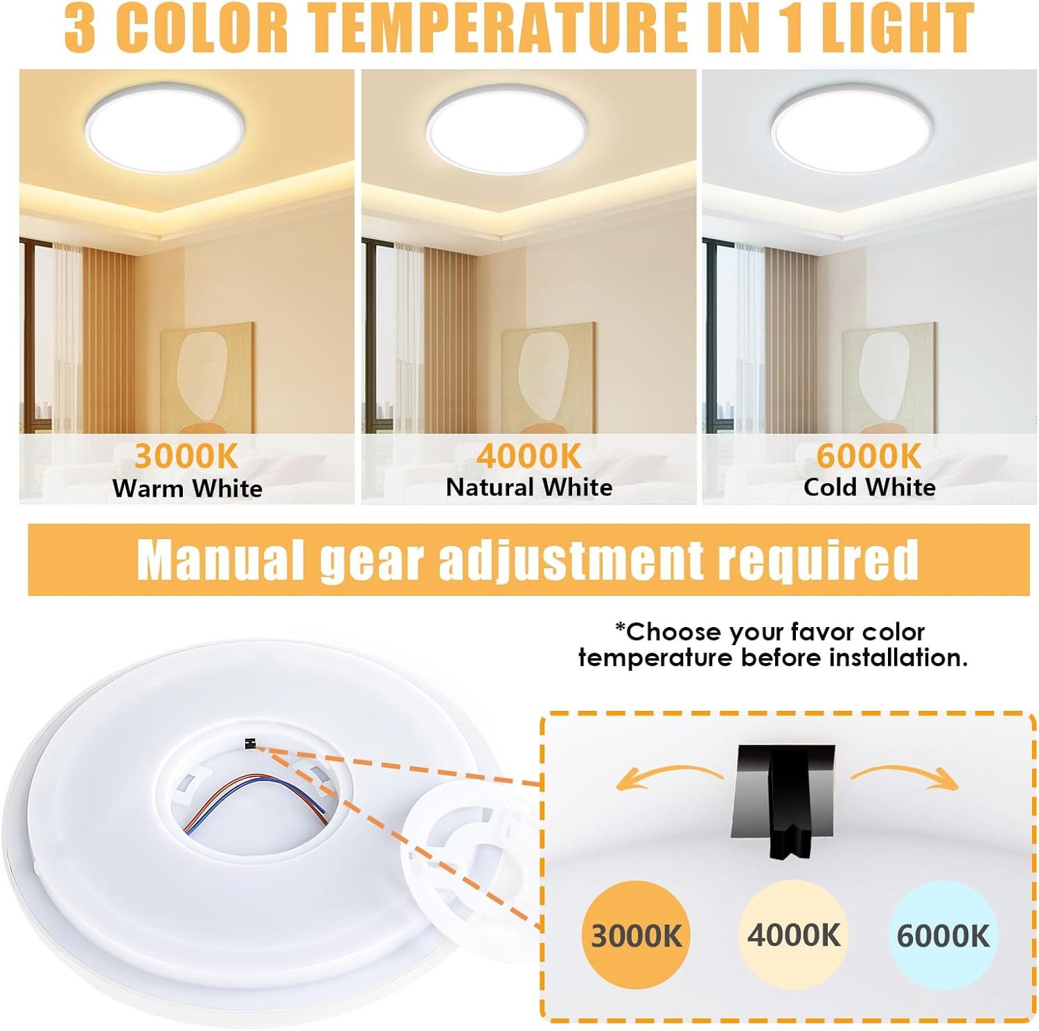 POPOLIC LED Deckenleuchte 24W 6000K/4000K/3000K, Deckenlampe 3 Farbtemperatur 3200LM IP54, Rund Flach Modern Schlafzimmer Lampe Ø30cm – Bild 3 von 5