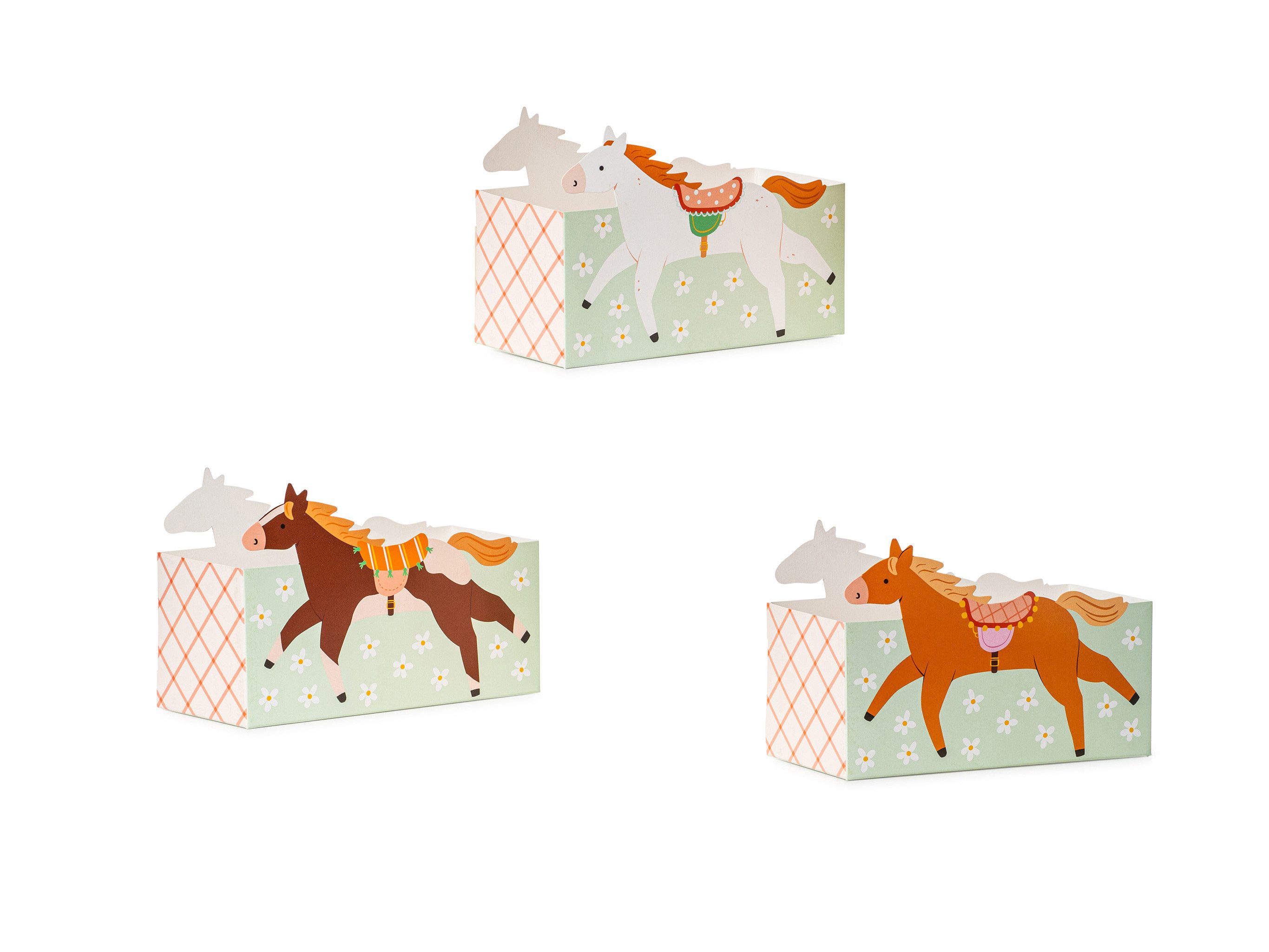 partydeco Einweggeschirr-Set, Papier, Snackbox Kinder 17x11x7cm Pferde Motiv 3er Set Grün / Braun von partydeco