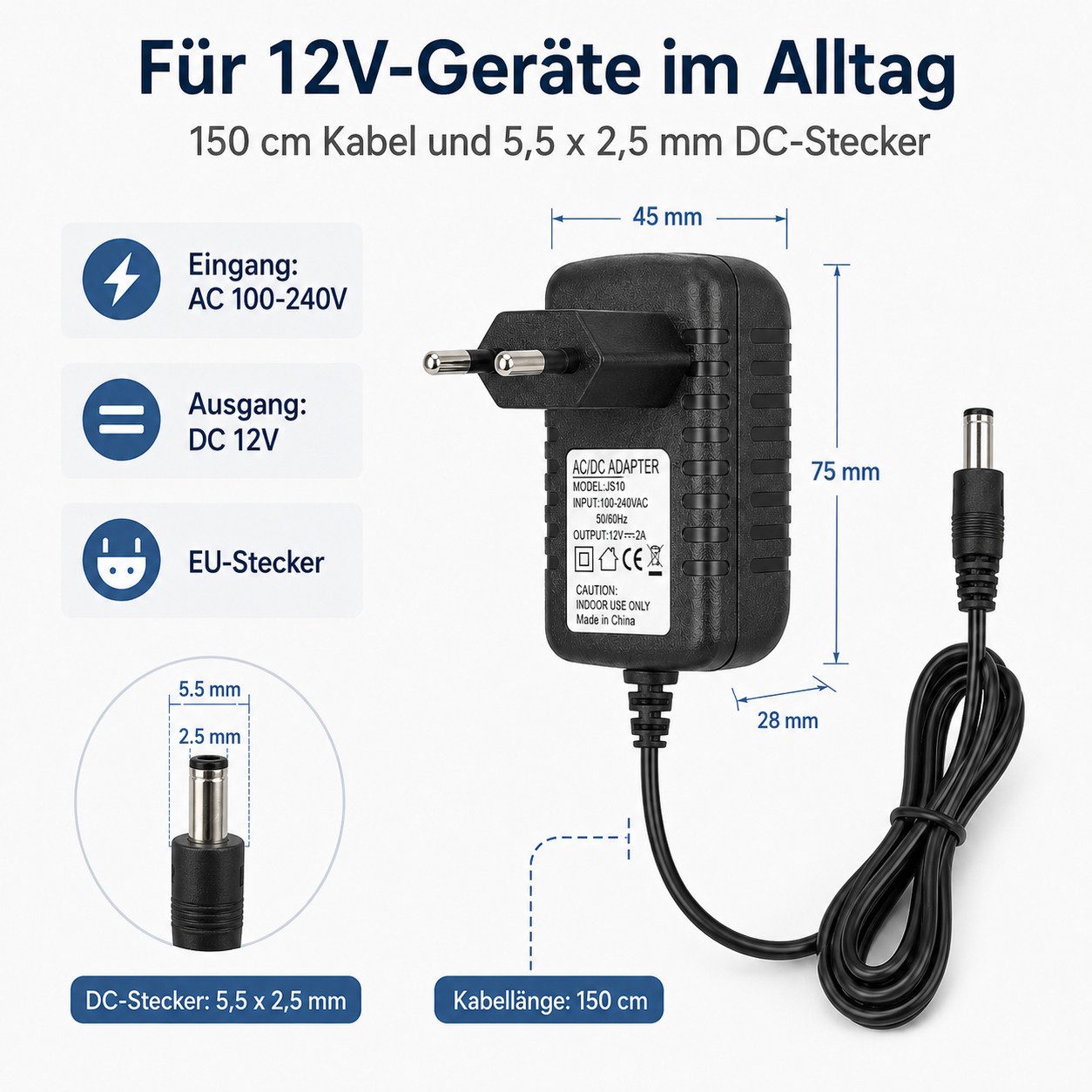 XEOOCE 5V Netzteil, 2A Netzadapter, 10W DC Adapter, EU Stecker Steckernetzteil (Kupfer-Nickel-Kontakte, Kabelzugentlastung)