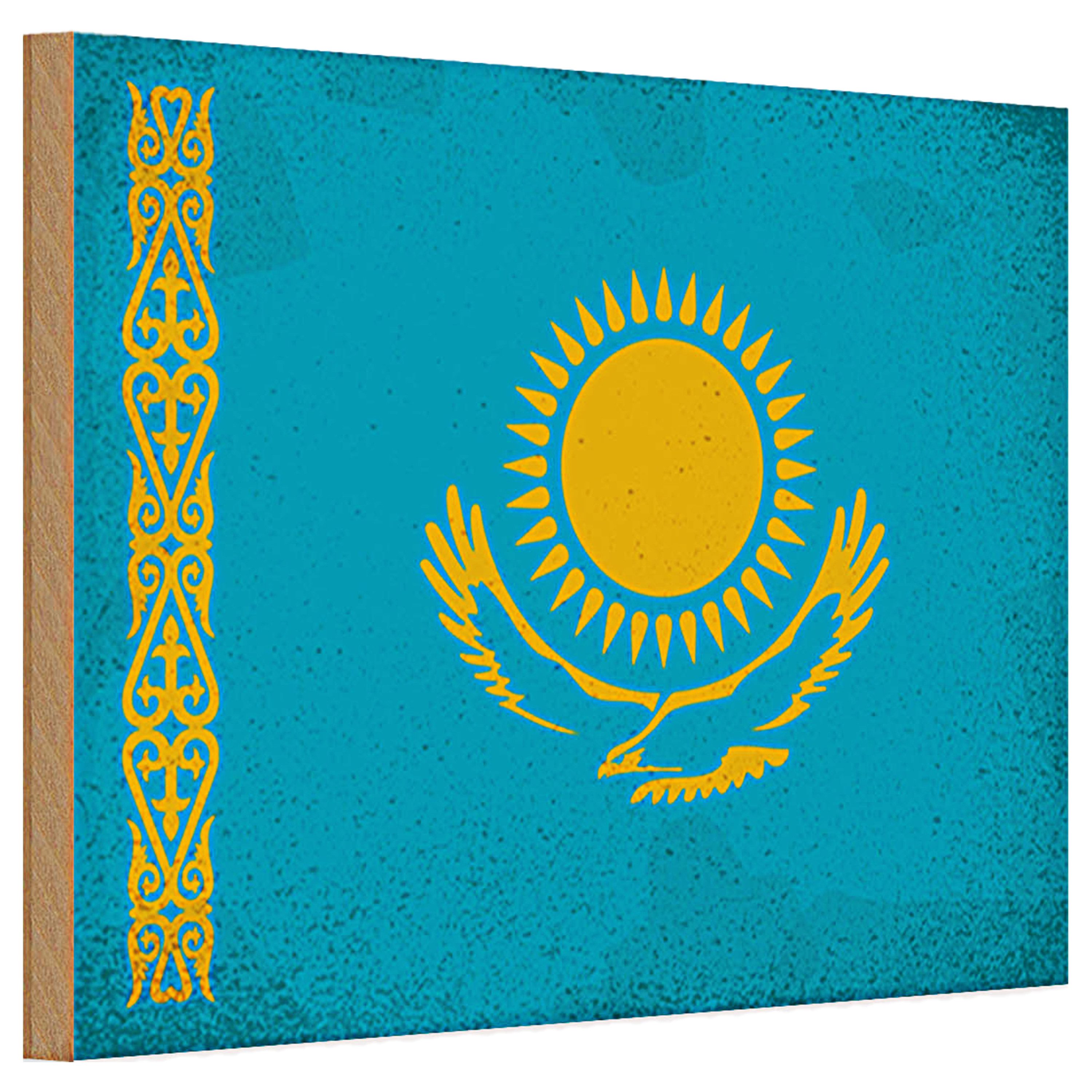 Roomando Holzbild Holzschild Flagge Kasachstan 30x20cm Kazakhstan Vintage