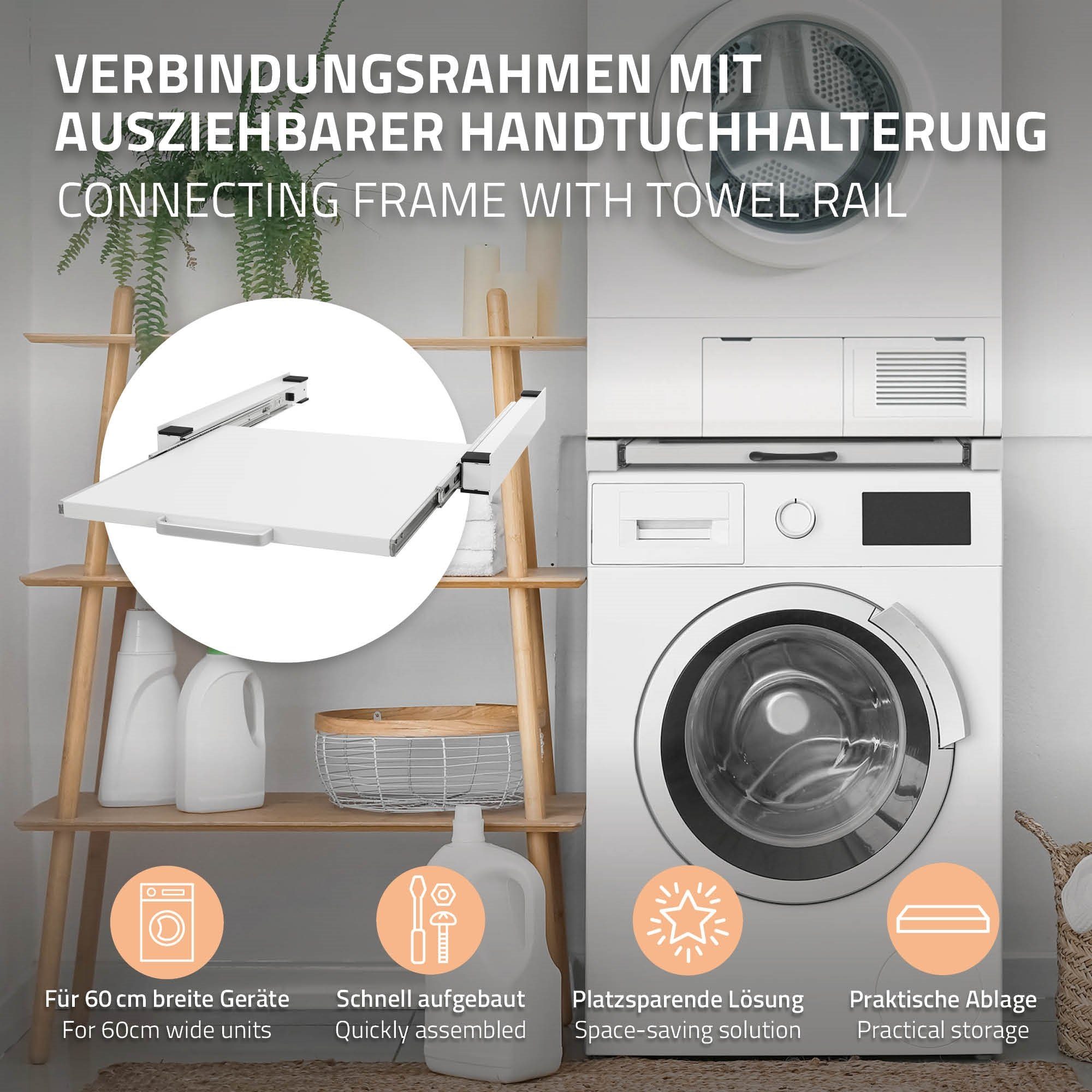 Weiß Waschmaschine/Trockner 60x60cm Universal, Auszug Verbindungsrahmen für Ausziehplatte Zwischenrahmen Stahl ML-DESIGN Zwischenbaurahmen Waschmaschinenuntergestell mit