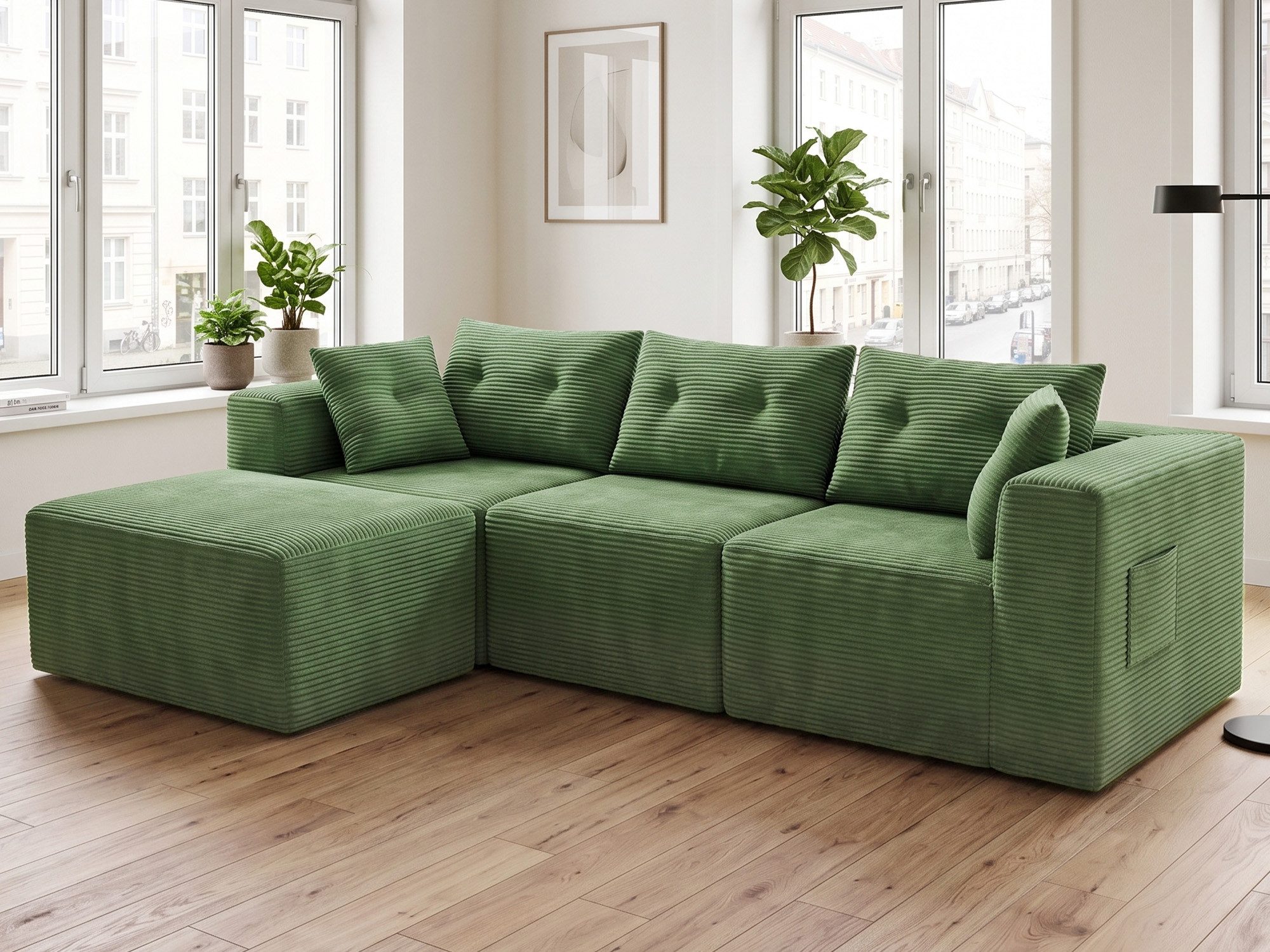 GLP Sofa Ecksofa aus Cord mit Taschenfederkern, 254 cm, 70 cm Sitztiefe, 3-Sitzer mit Hocker und 5 Kissen, 4 flexibel kombinierbare Module, kein Aufbau erforderlich, kompakt für Wohnzimmer, Schlafzimmer
