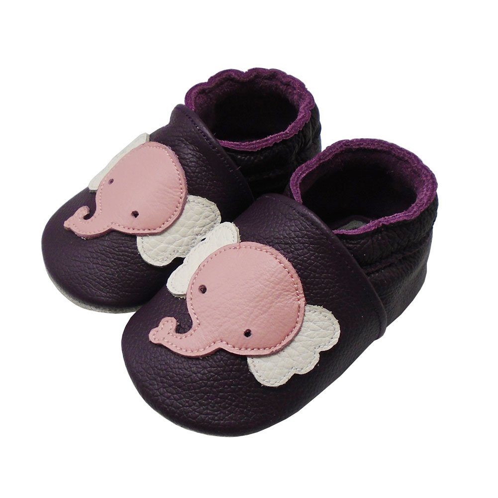 Yalion Weiche Leder Lauflernschuhe Hausschuhe Lederpuschen Elefant Lila Krabbelschuh