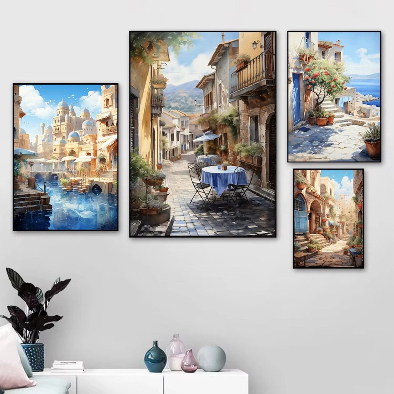 TPFLiving Kunstdruck OHNE RAHMEN, See, Fluss und Stadtlandschaft – Aquarell Naturgemälde - (Leinwandbild XXL), Farben: Farben: Grün, Blau, WeißGröße: 15x20cm