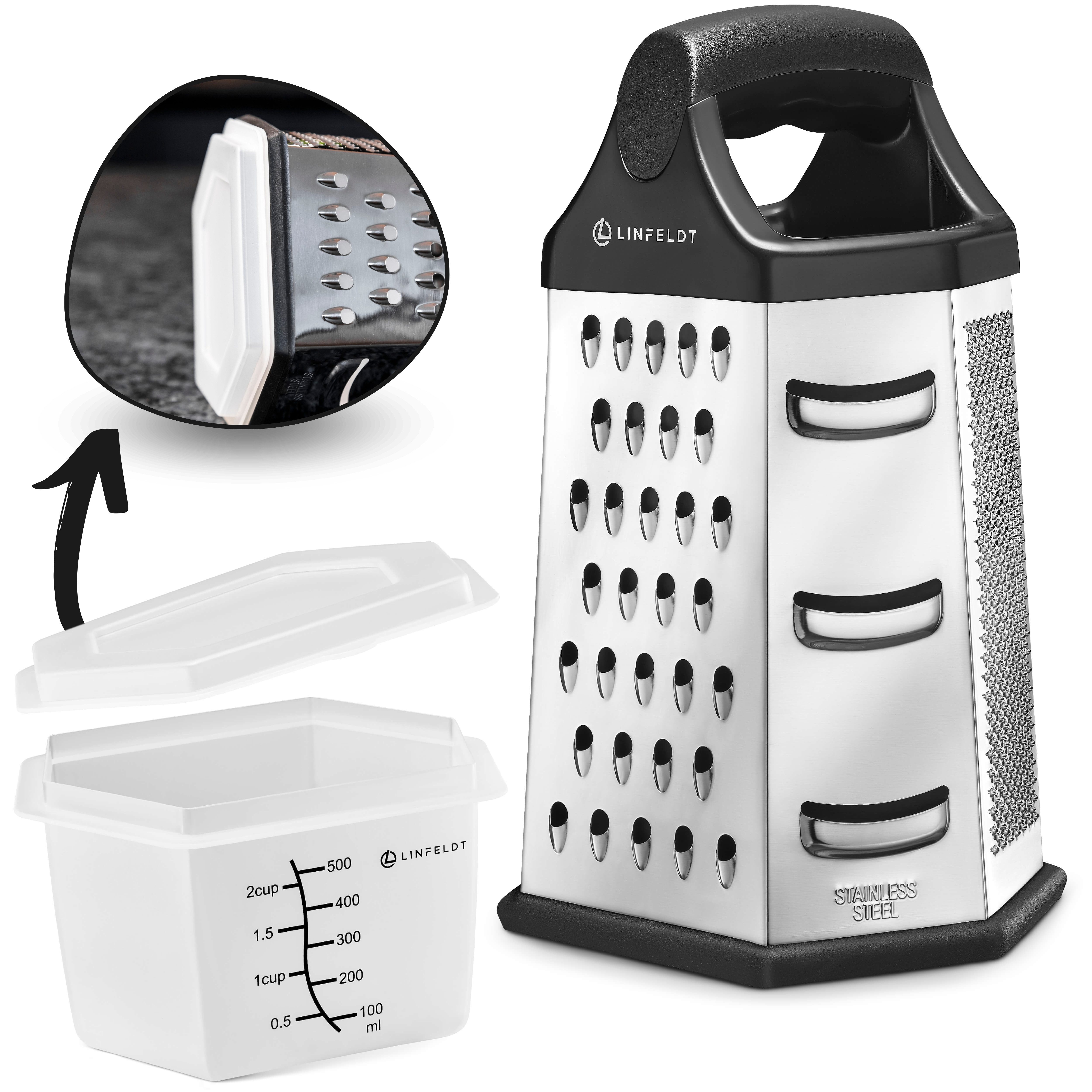 LINFELDT Vierkantreibe 6 - Kant Reibe mit smartem Auffangbehälter Edelstahl, Edelstahl