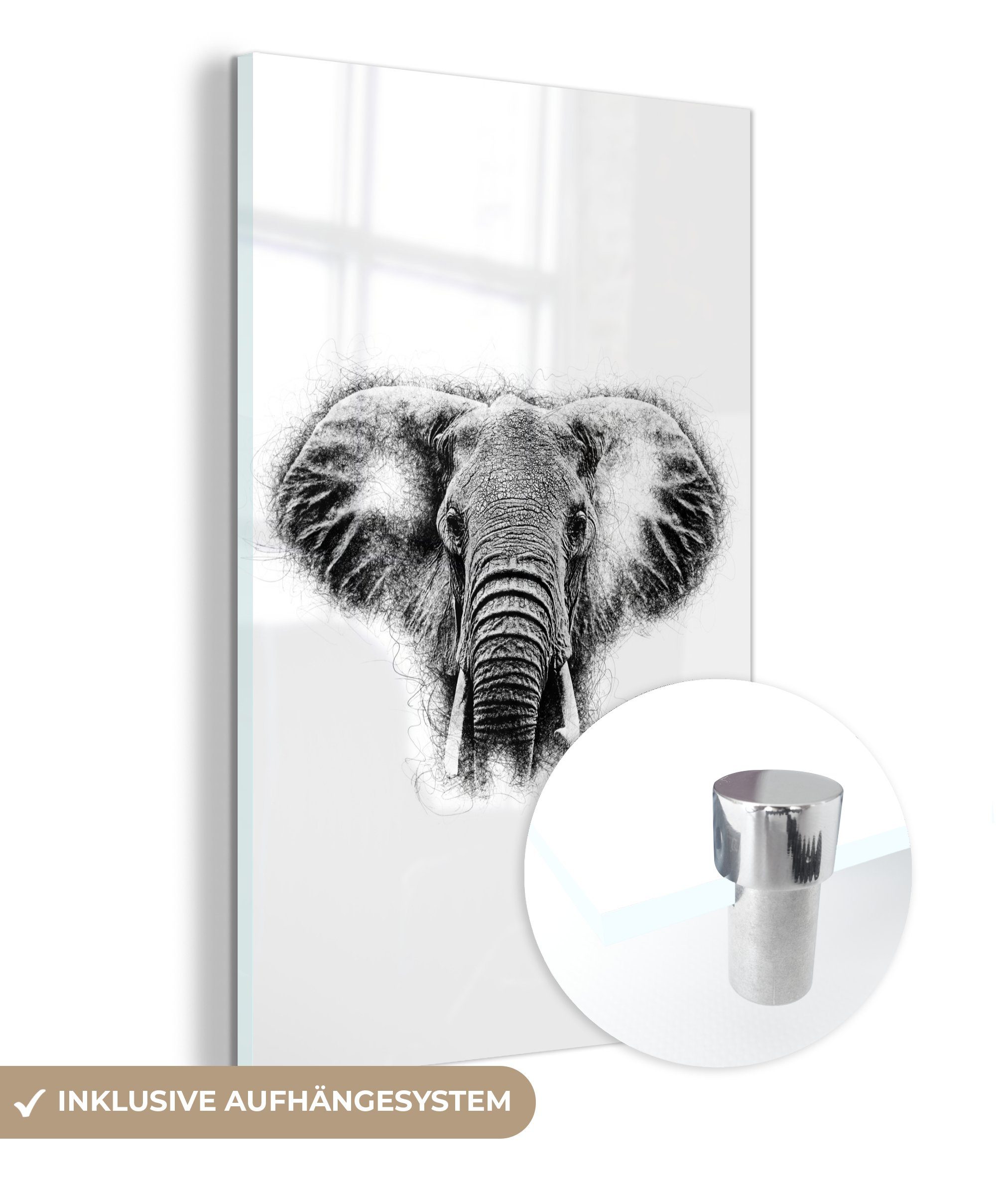 MuchoWow Acrylglasbild Elefant - Schwarz - Weiß - Tasse, (1 St), Glasbilder - Bilder auf Glas Wandbild - Foto auf Glas - Wanddekoration bunt