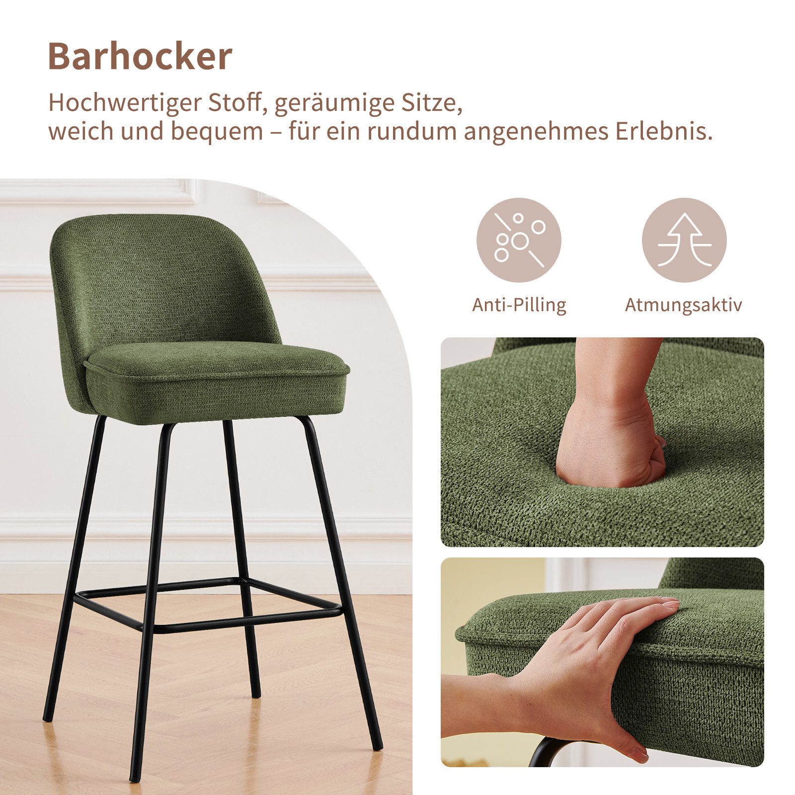 JYMTOM Barhocker Gepolsterter Sitz mit Federkern, Sitzfläche aus Leinen und Textilien (2 St), Metallbeine, für Bar, Theke, Küche, Esszimmer und Bistro geeignet – Bild 5 von 5