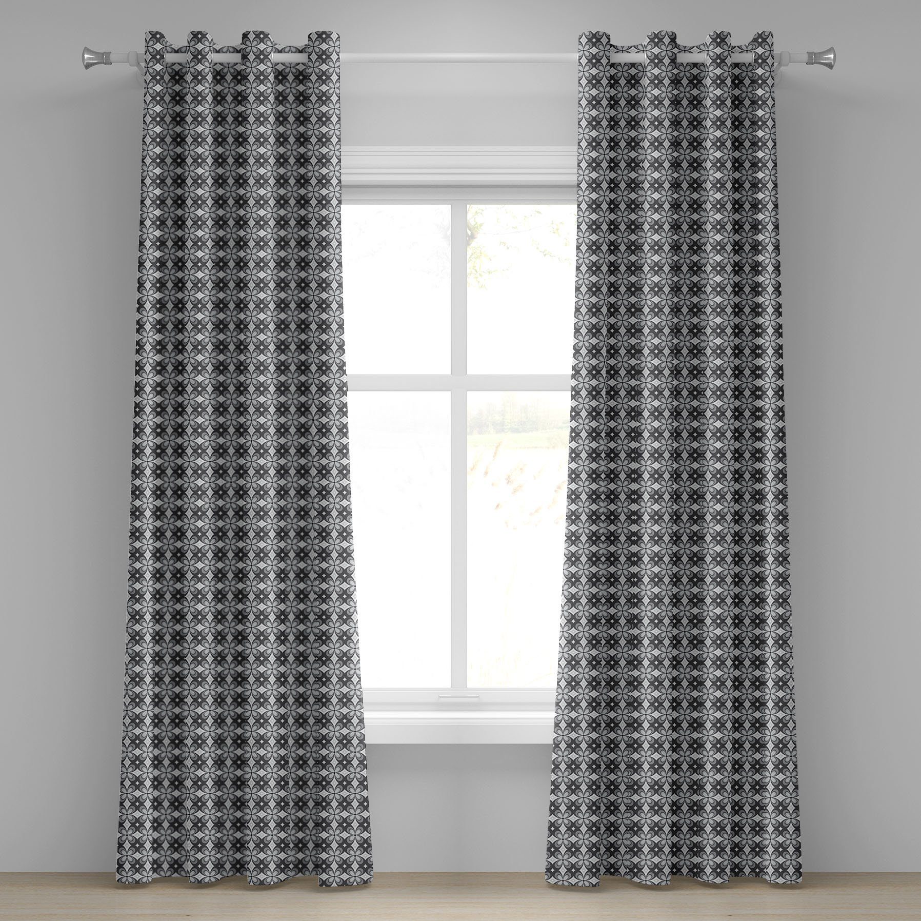 Einfache Abakuhaus, für Dekorative Retro Grau Blumenmotive Schlafzimmer Wohnzimmer, Gardine 2-Panel-Fenstervorhänge