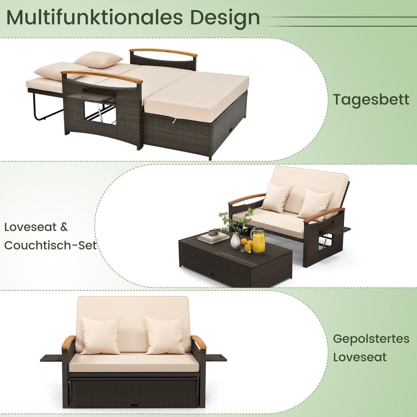 COSTWAY Loungebett, outdoor, Rattan, 2-Personen, Gartenliege mit verstellbarer Rückenlehne