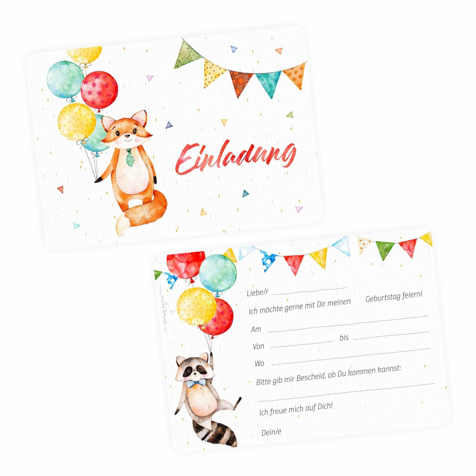 nikima Einladungskarten 10 Einladungskarten Fuchs Luftballons inkl. 10 Briefumschlägen