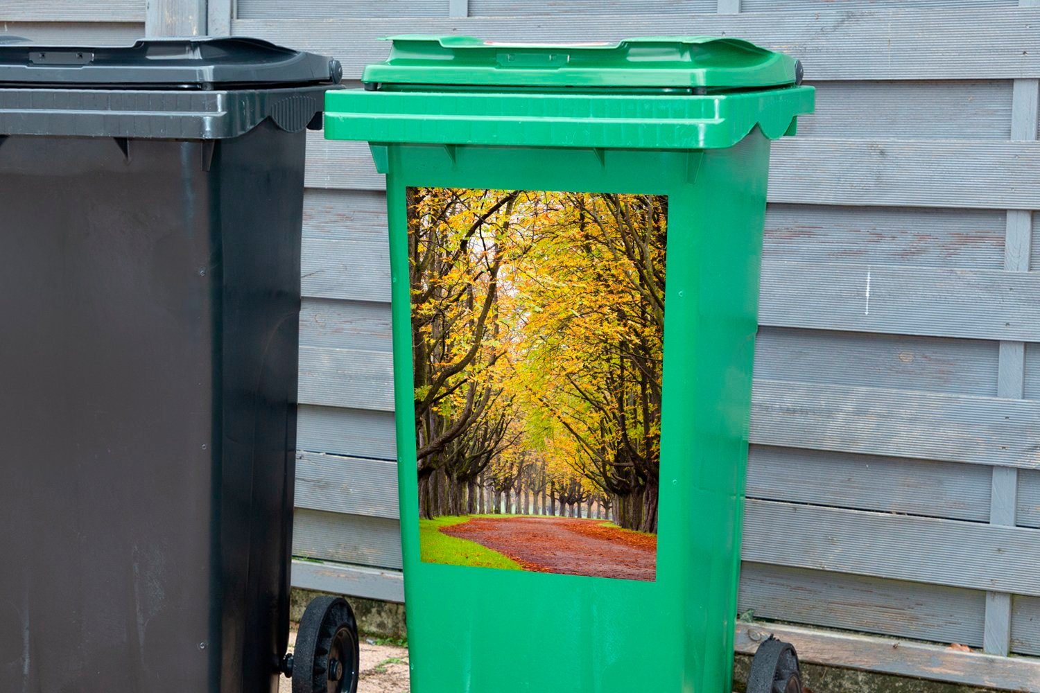 Sticker, Herbst Abfalbehälter Blättern Wandsticker gelben St), Kastanienbäume mit im Container, (1 Mülleimer-aufkleber, Mülltonne, MuchoWow