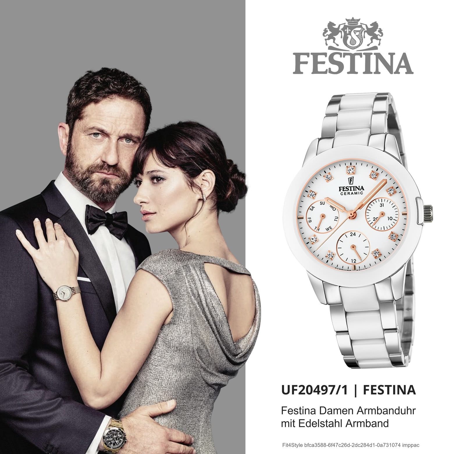 Festina Quarzuhr Festina Damen Uhr F20497/1 Edelstahlband, (Analoguhr), Damen Armbanduhr rund, Edelstahl, Keramikarmband silber, weiß, Fashion