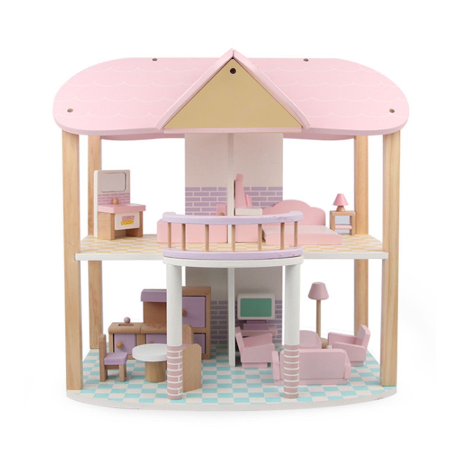 Coemo Puppenhaus SANDY, (möbliertes Puppenhaus Holz, 24-tlg), Puppenhaus Puppenstube aus Holz, komplett mit Möbel und Zubehör