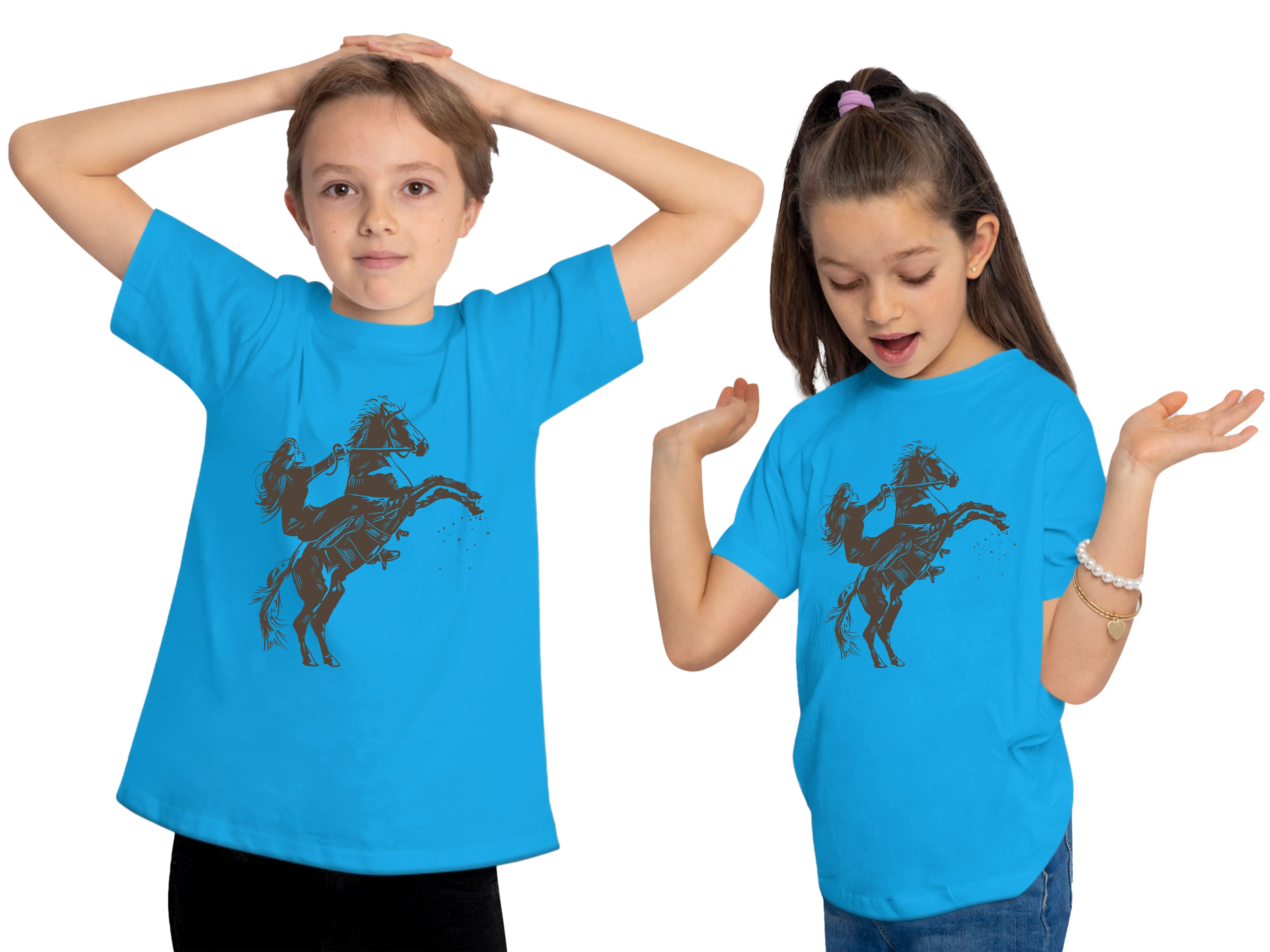 Pferd bedruckt Aufdruck, mit aqua MyDesign24 Baumwollshirt T-Shirt blau i252 Shirt Print Reiter mit Kinder Aufsteigendes - Pferde
