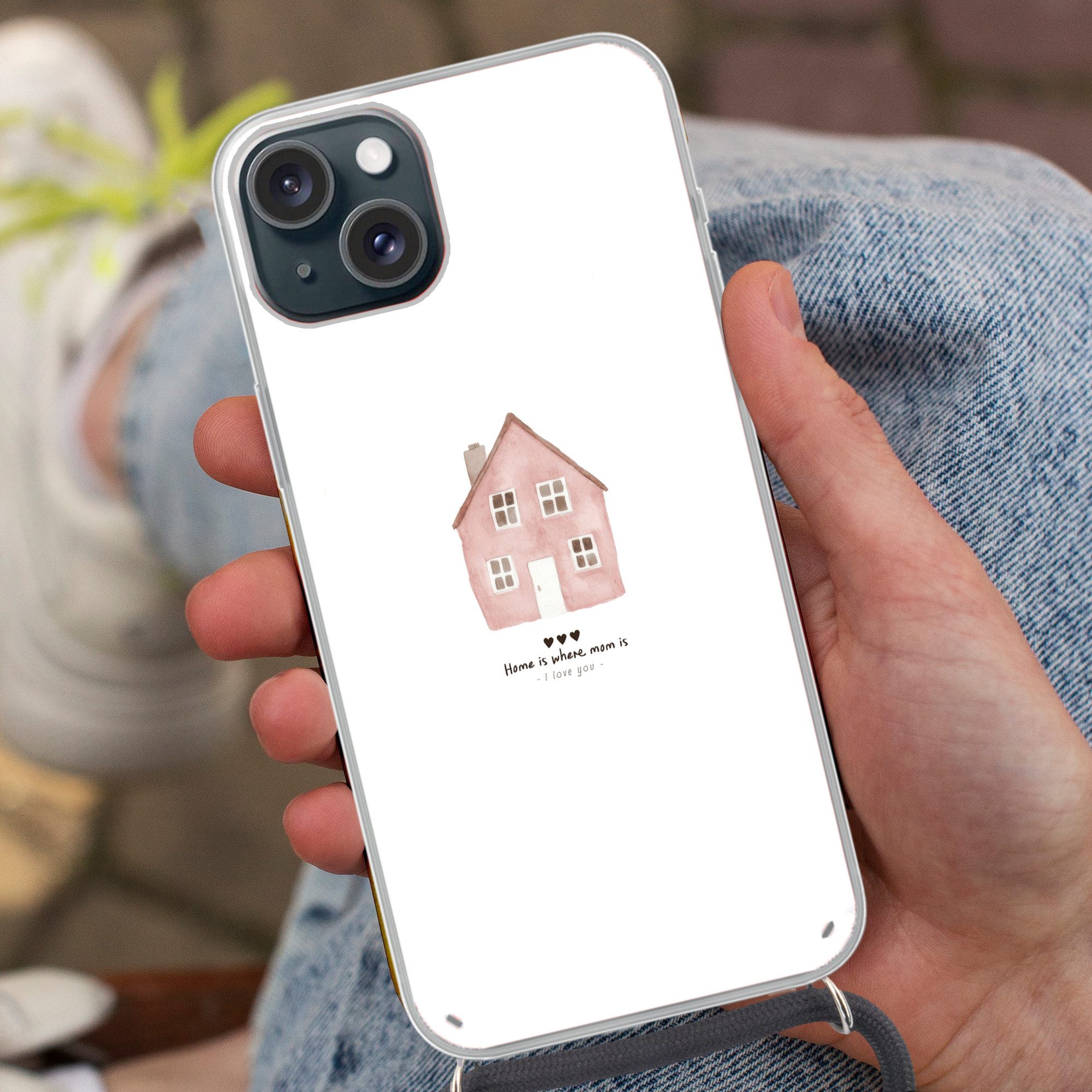 MuchoWow Handyhülle für Apple iPhone 15 Landhaus - Rosa - Zitat - Mutter, Tragbare Handyhüllen mit Kette zum umhängen, Handykette Handyband