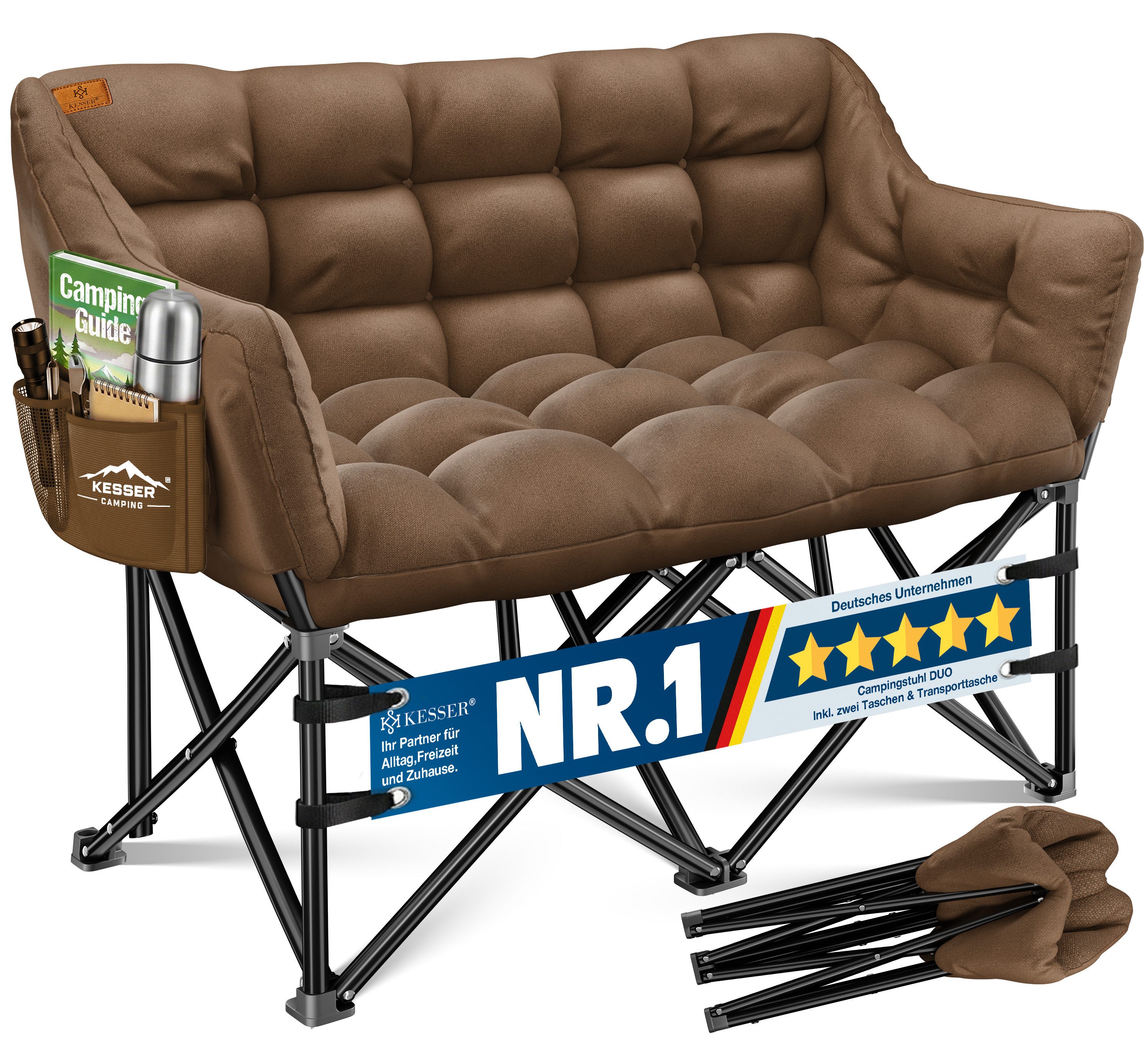 KESSER Campingstuhl für 2 Personen bis 300 kg, faltbar, gepolstert & breit, Indoor & Outdoor, inkl. Tasche & Seitentaschen