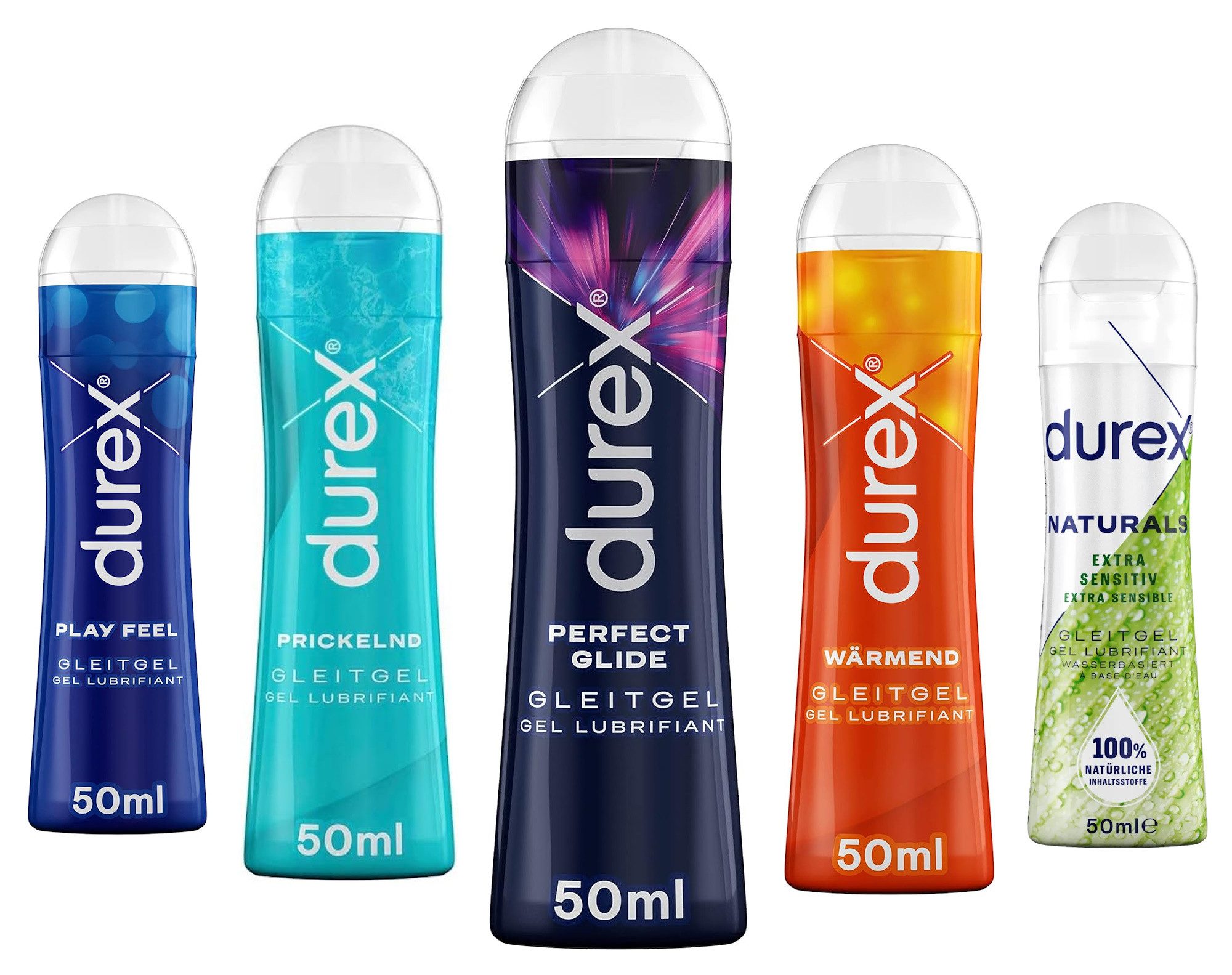 durex Gleitgel Play Naturals & Perfect Glide & Wärmend & Prickelnd & Play Feel, Ausprobierpaket, für verschiedenste Erlebnisse (5 x 50ml)