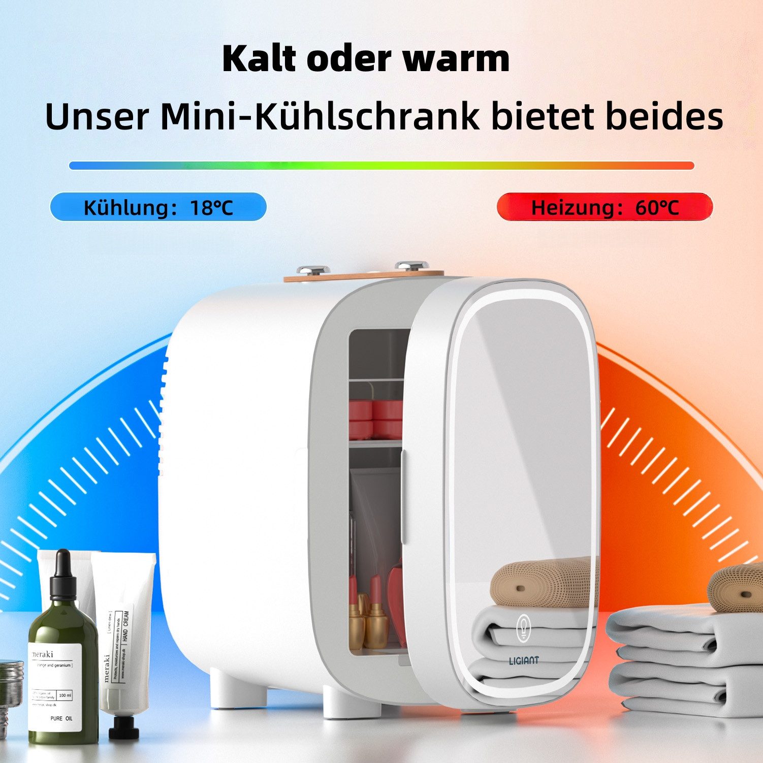 DOVAMAN Kühlbox 4L Mini Kosmetik Kühlschrank mit LED-Spiegel, 4 l, Kühl & Heizfunktion, für Schlafzimmer, Büro & Auto – Bild 5 von 5